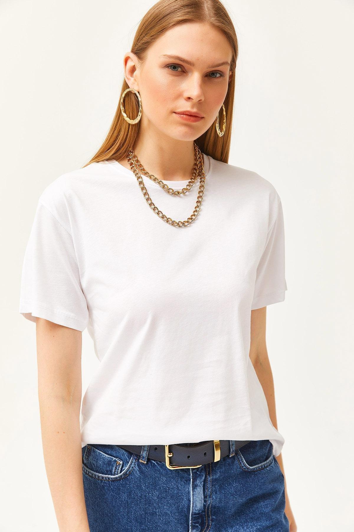 Ecru Crew Neck Basic T-Shirt, , medium