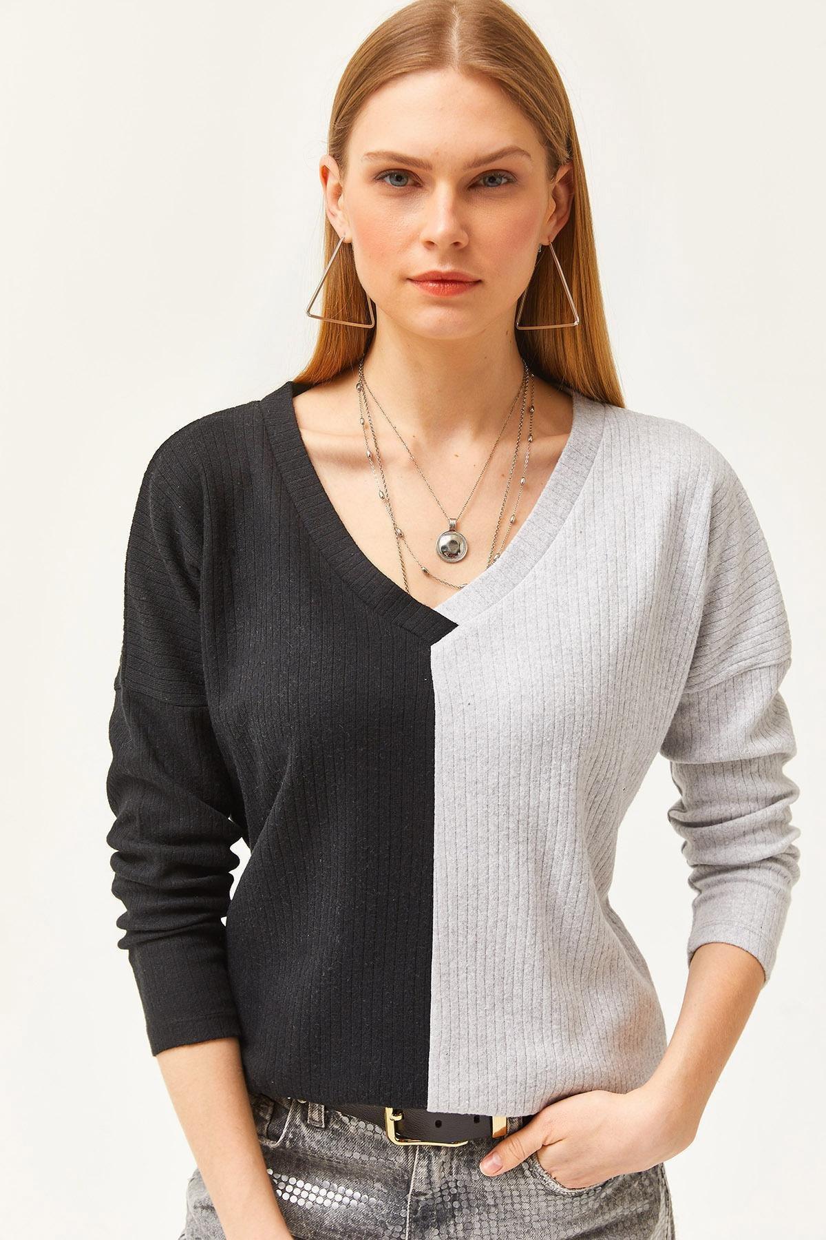 Black Grey Block Raised Loose Blouse, Black Gray, large image number 0