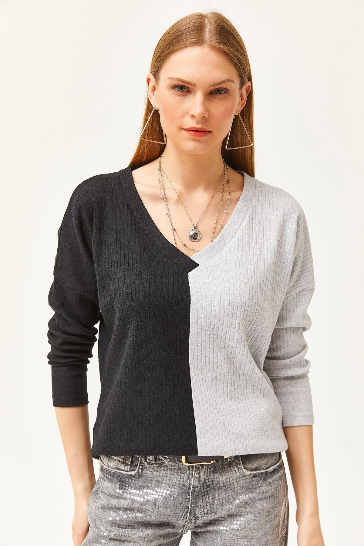 Black Grey Block Raised Loose Blouse, Black Gray, large image number 1