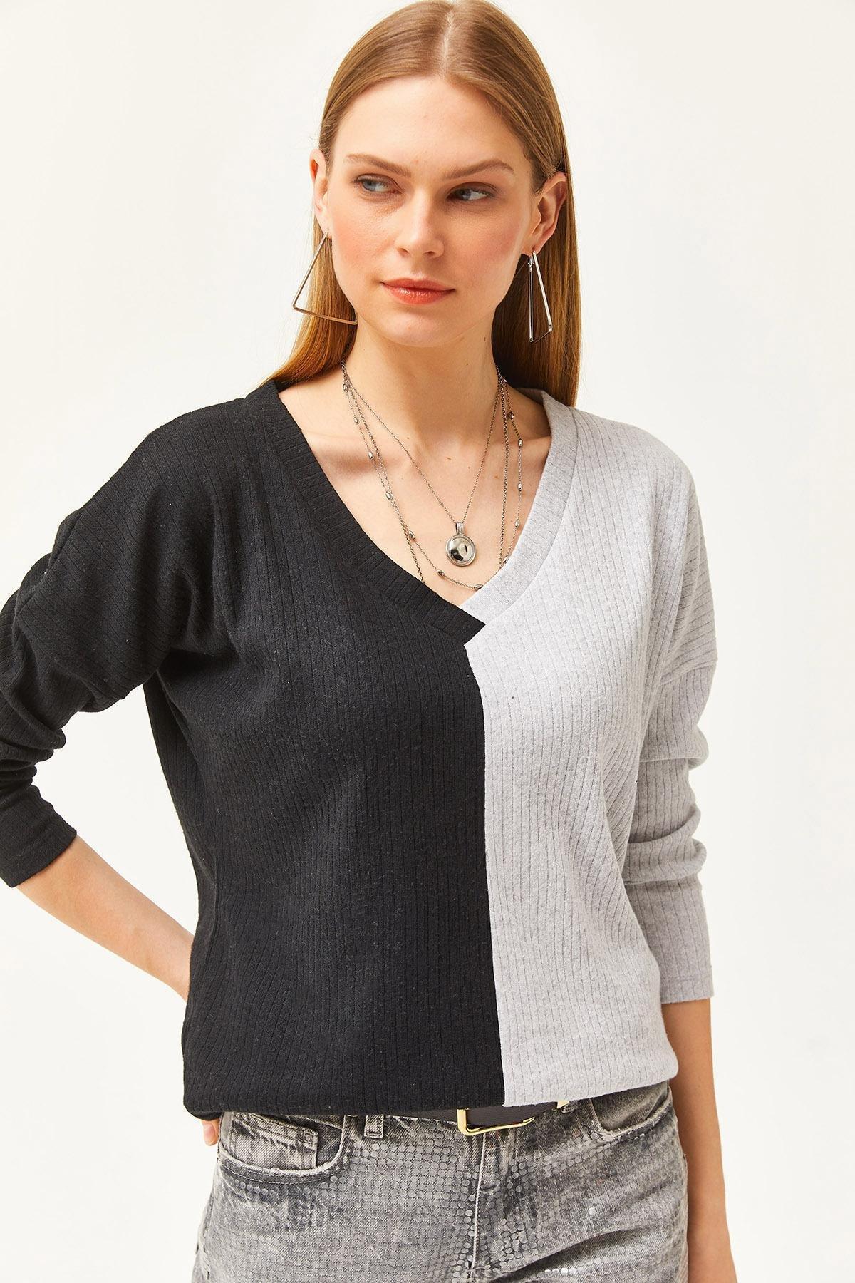 Black Grey Block Raised Loose Blouse, Black Gray, large image number 3