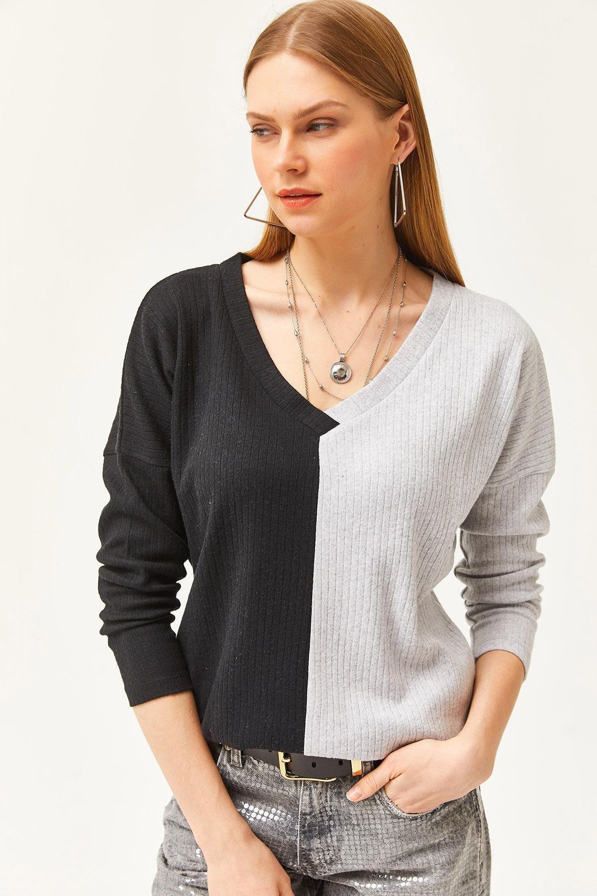 Black Grey Block Raised Loose Blouse, Black Gray, large image number 4