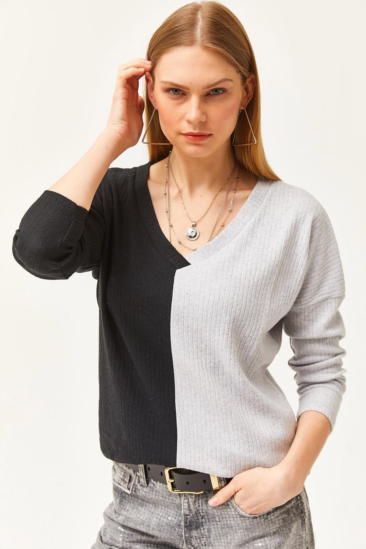 Black Grey Block Raised Loose Blouse, Black Gray, large image number 5