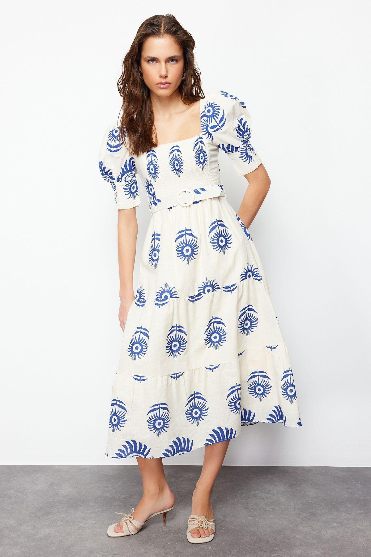 Blue Patterned Belted Collared Midi Dress, , large image number 0