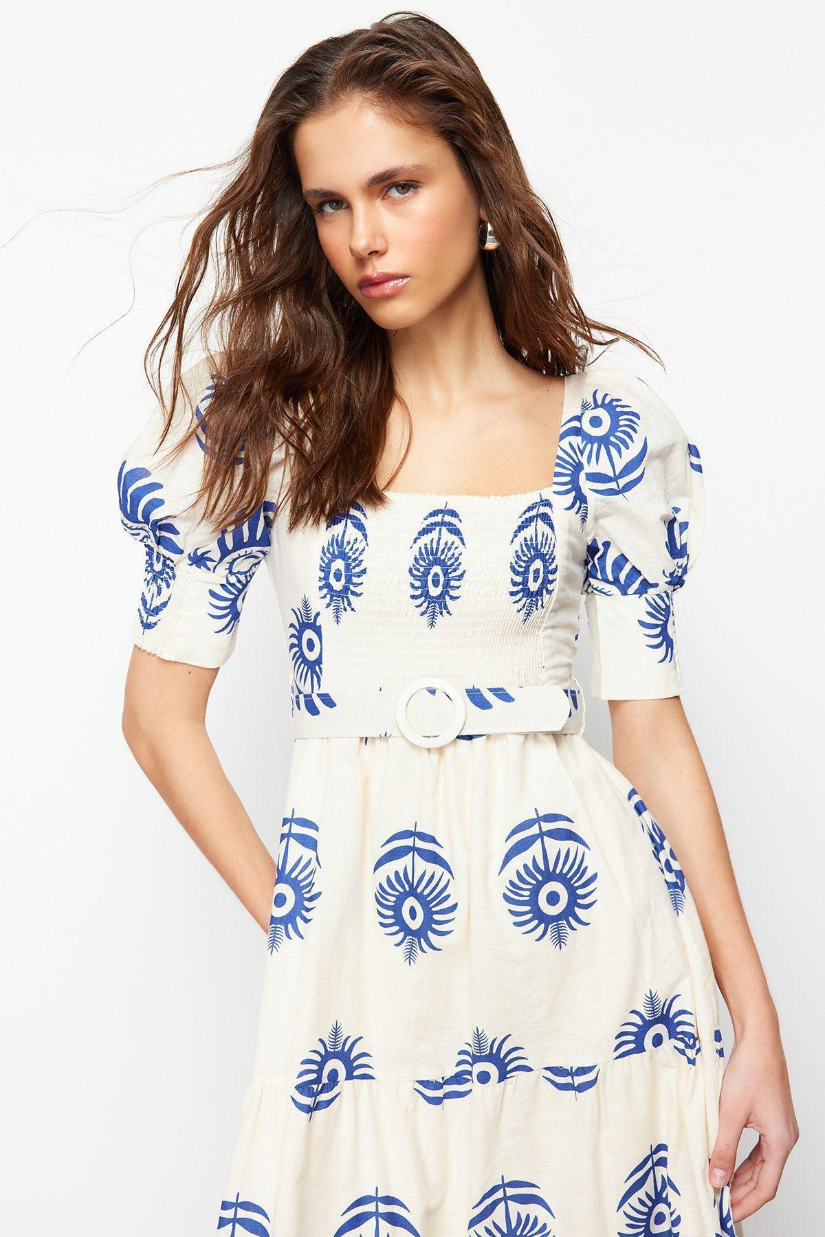 Blue Patterned Belted Collared Midi Dress, , large image number 2