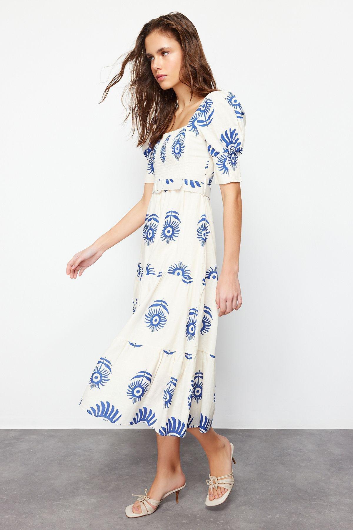 Blue Patterned Belted Collared Midi Dress, , large image number 3
