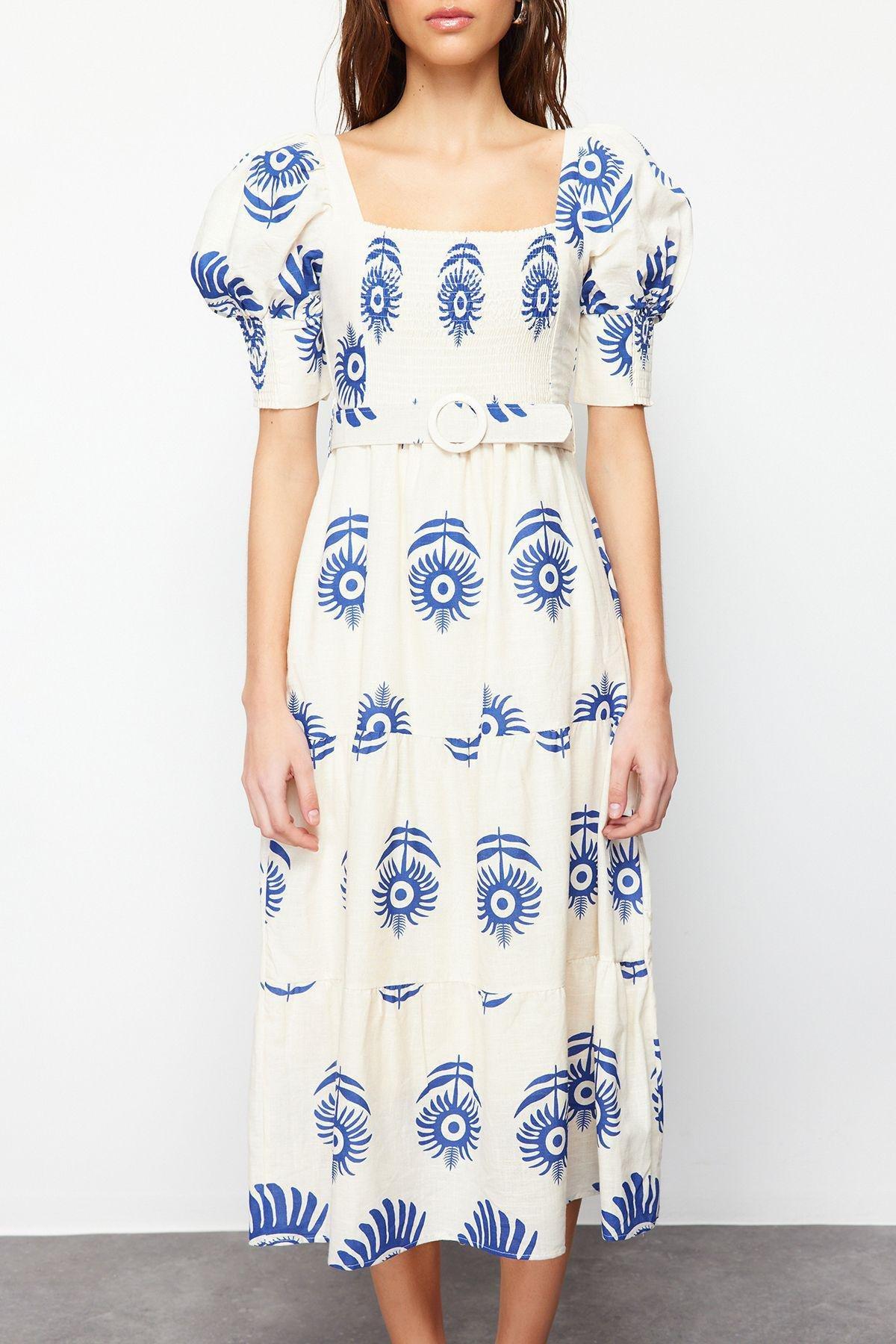 Blue Patterned Belted Collared Midi Dress, , large image number 4