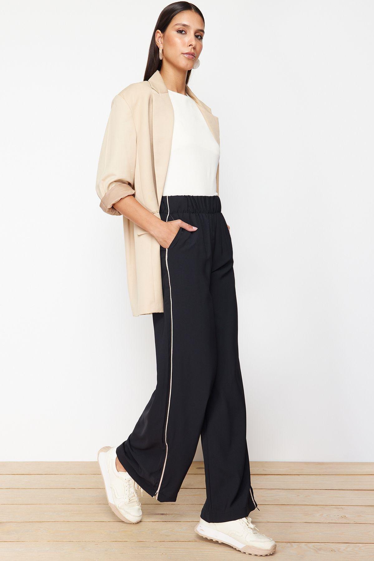 Black Zippered Detailed Wide Leg Sweatpants, , large image number 0