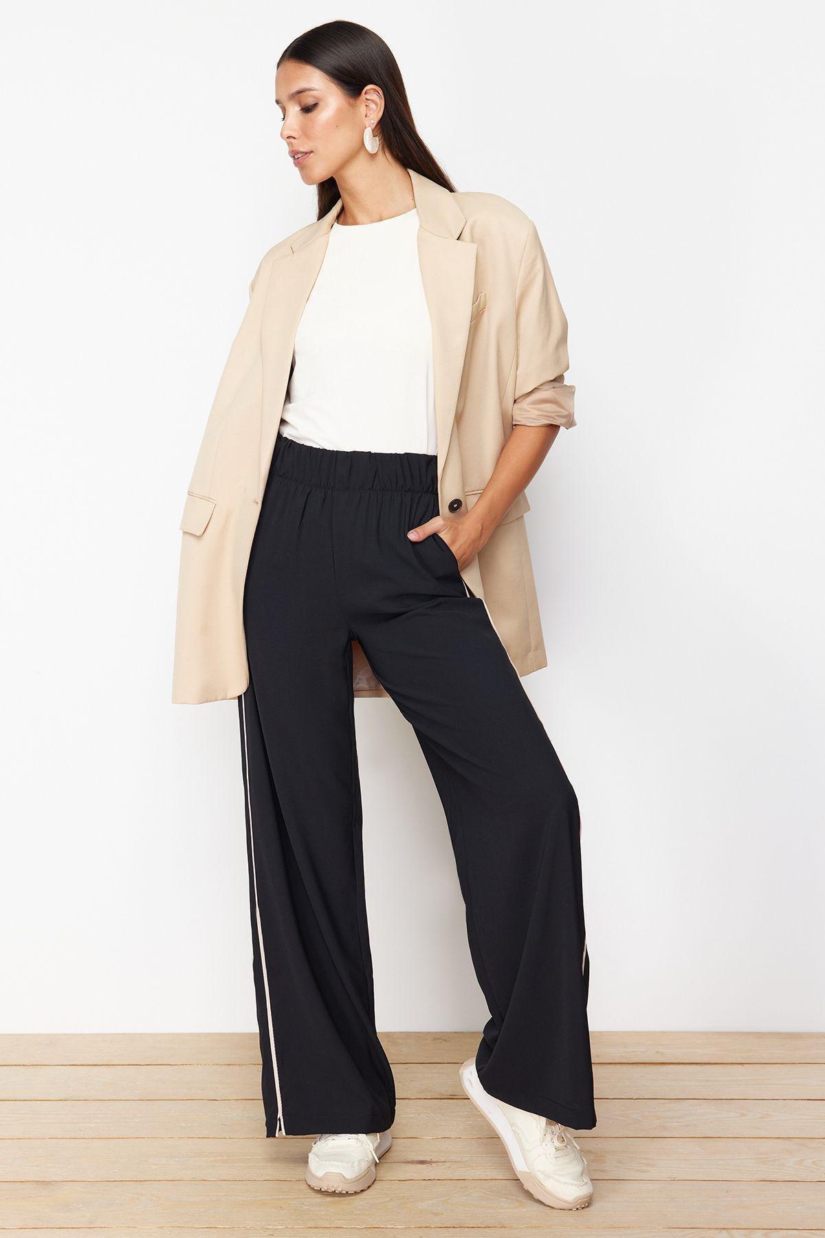 Black Zippered Detailed Wide Leg Sweatpants, , large image number 1