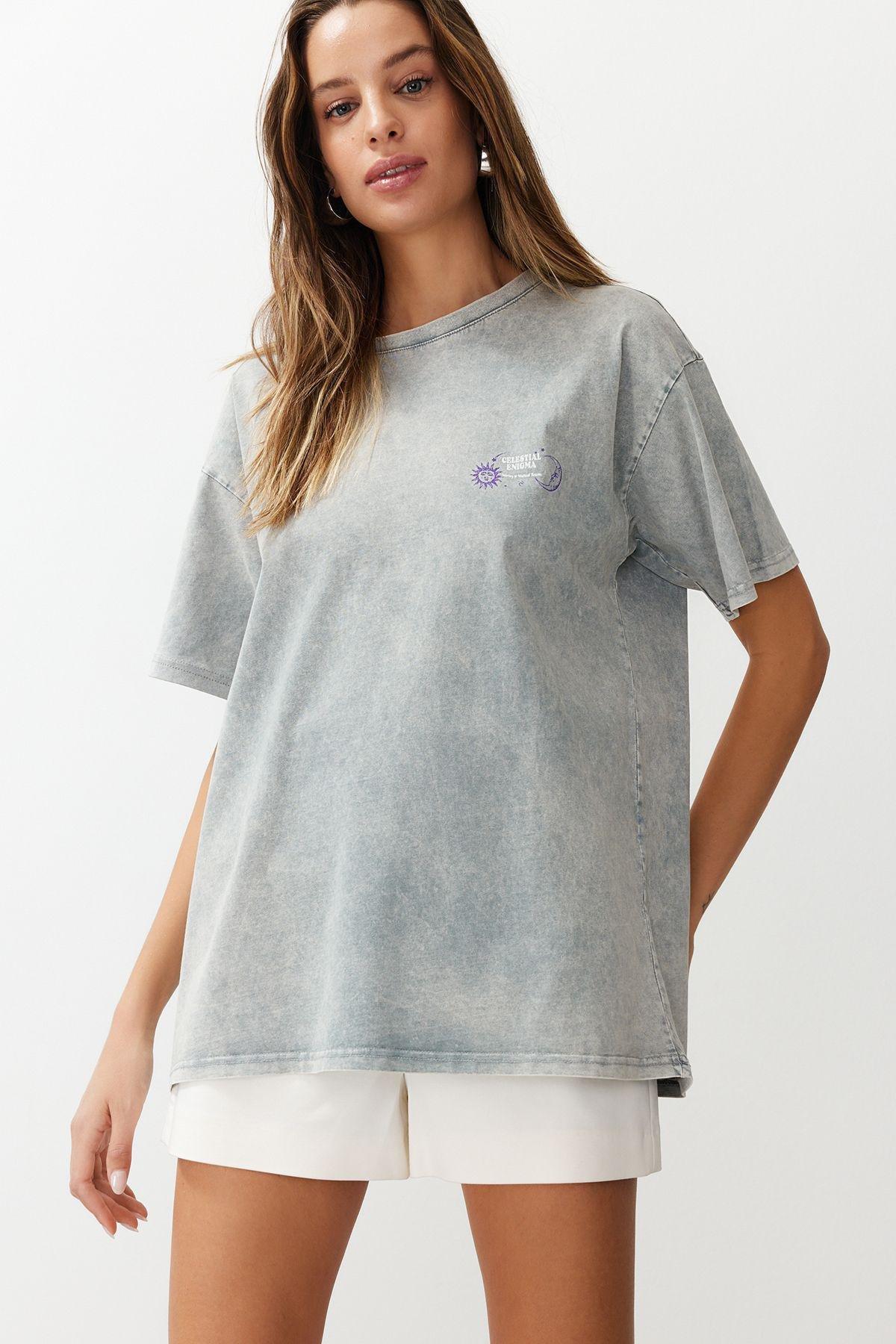 Grey Oversized Printed Knitted T-Shirt, , large image number 0