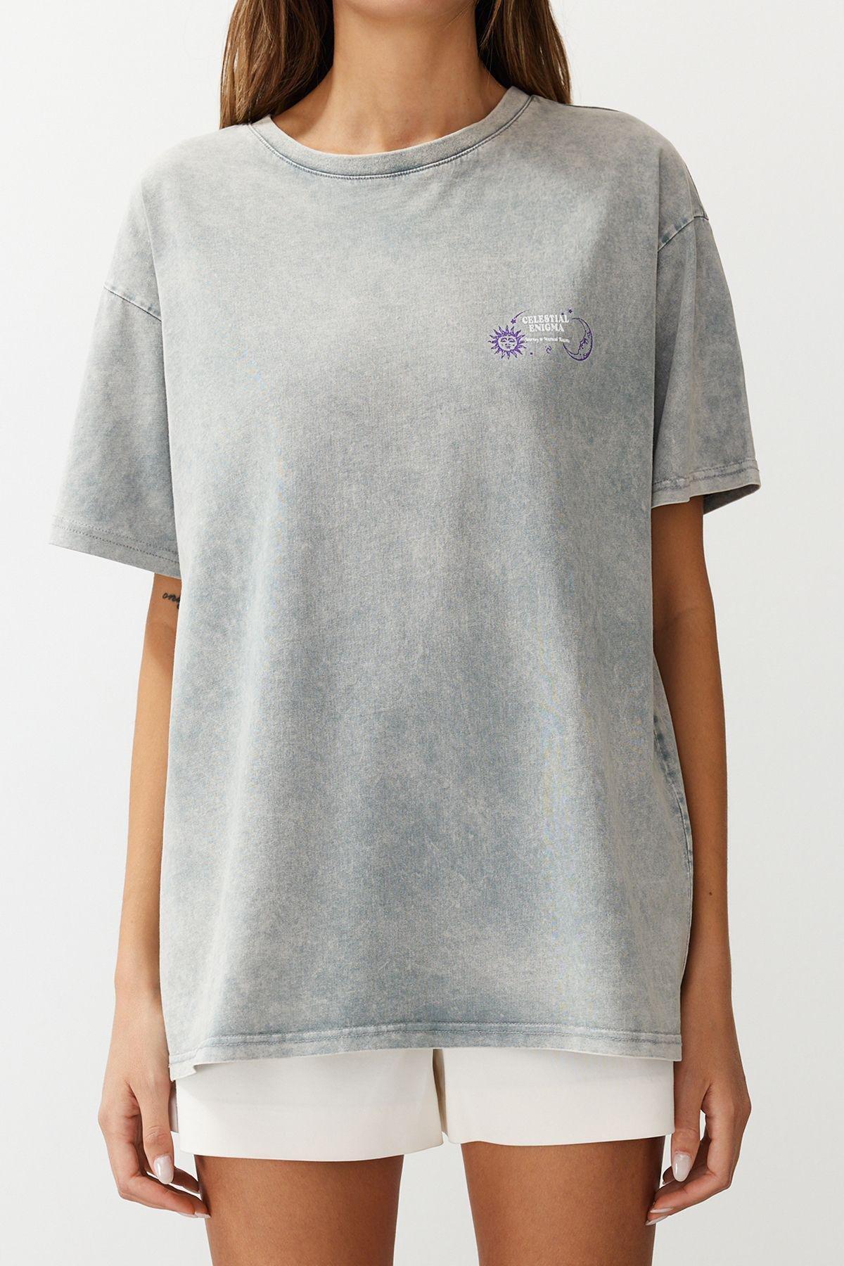 Grey Oversized Printed Knitted T-Shirt, , large image number 3