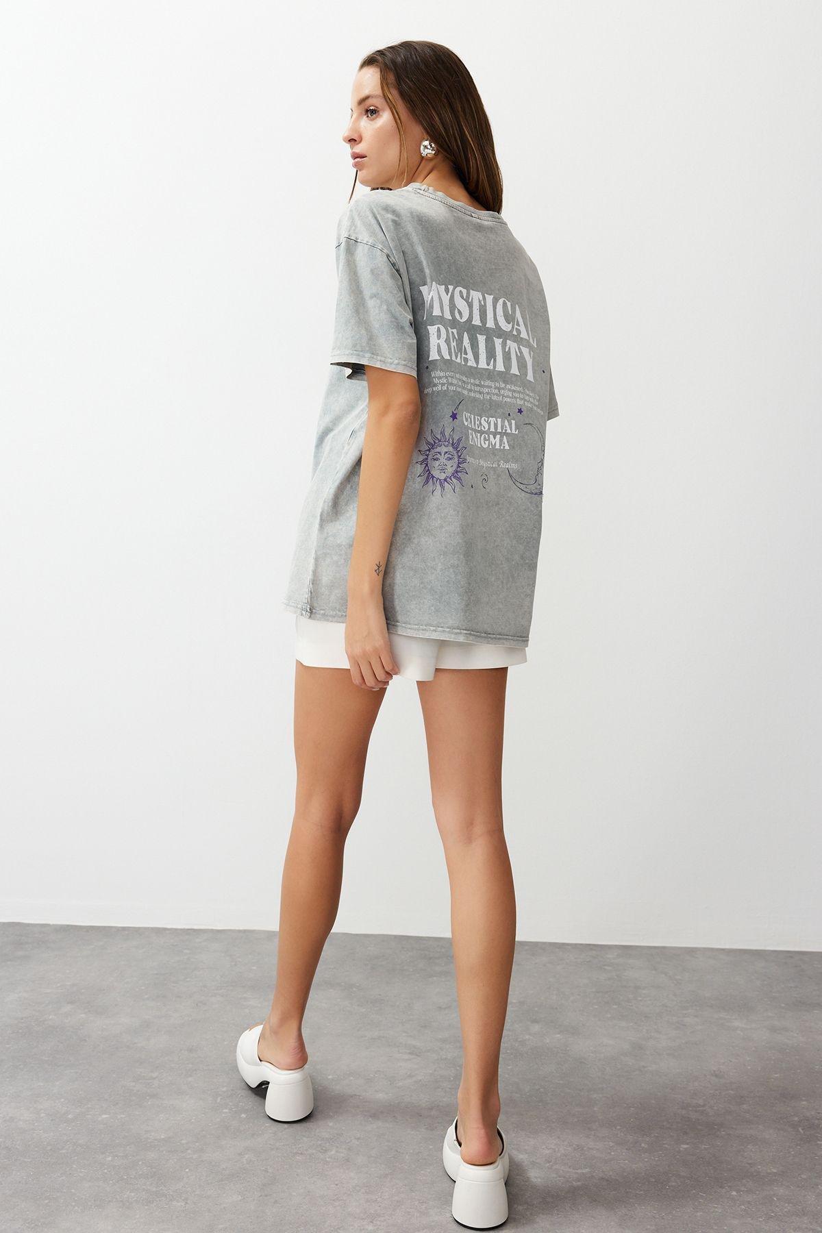 Grey Oversized Printed Knitted T-Shirt, , large image number 4