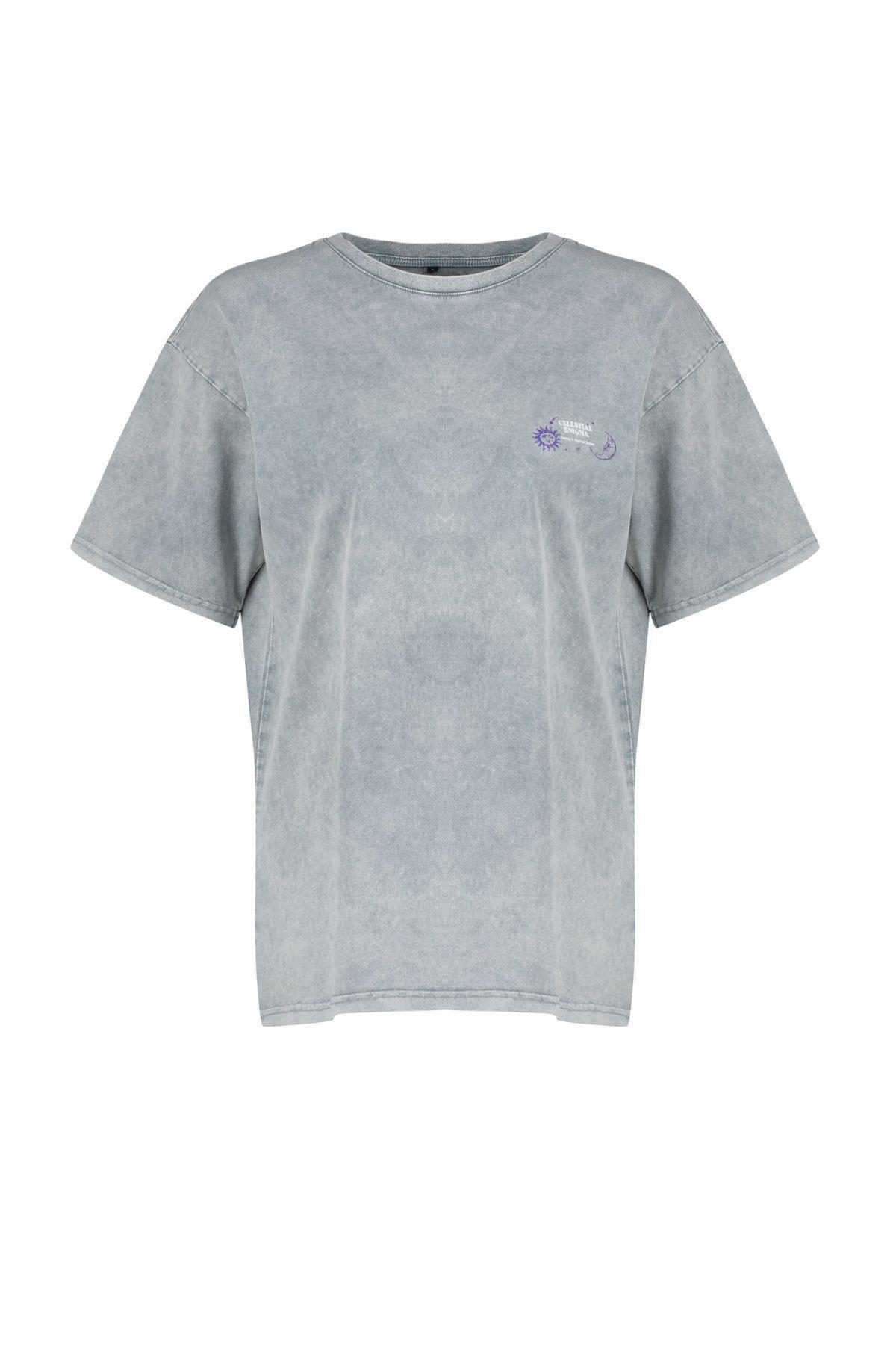 Grey Oversized Printed Knitted T-Shirt, , large image number 5