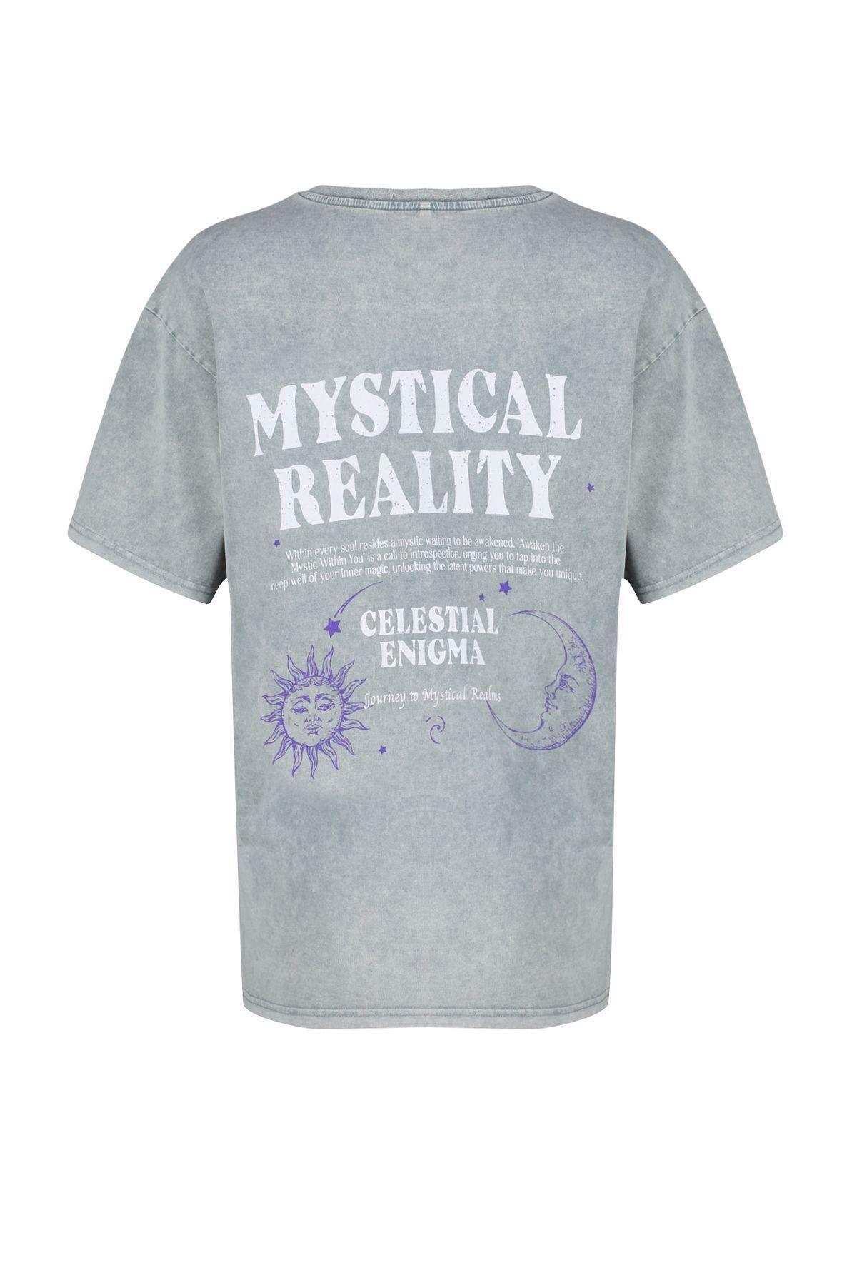 Grey Oversized Printed Knitted T-Shirt, , large image number 6