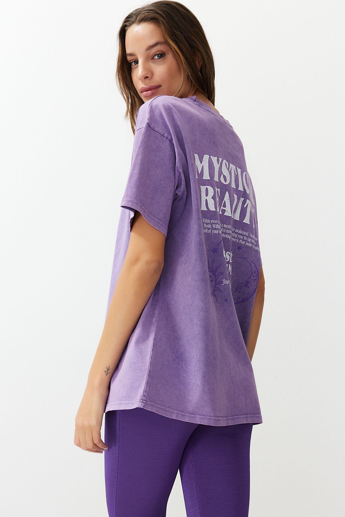 Purple Oversizedd Printed Knitted T-Shirt, , medium