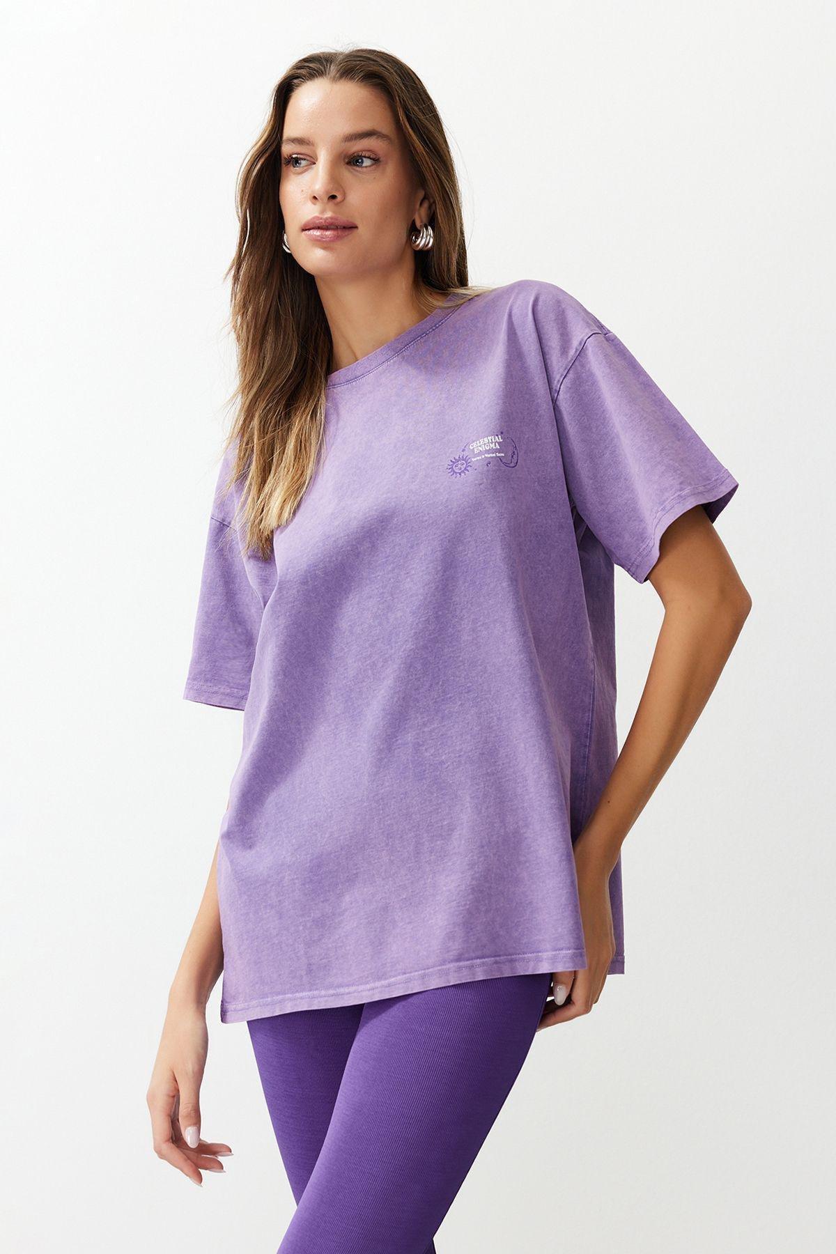 Purple Oversizedd Printed Knitted T-Shirt, , large image number 1