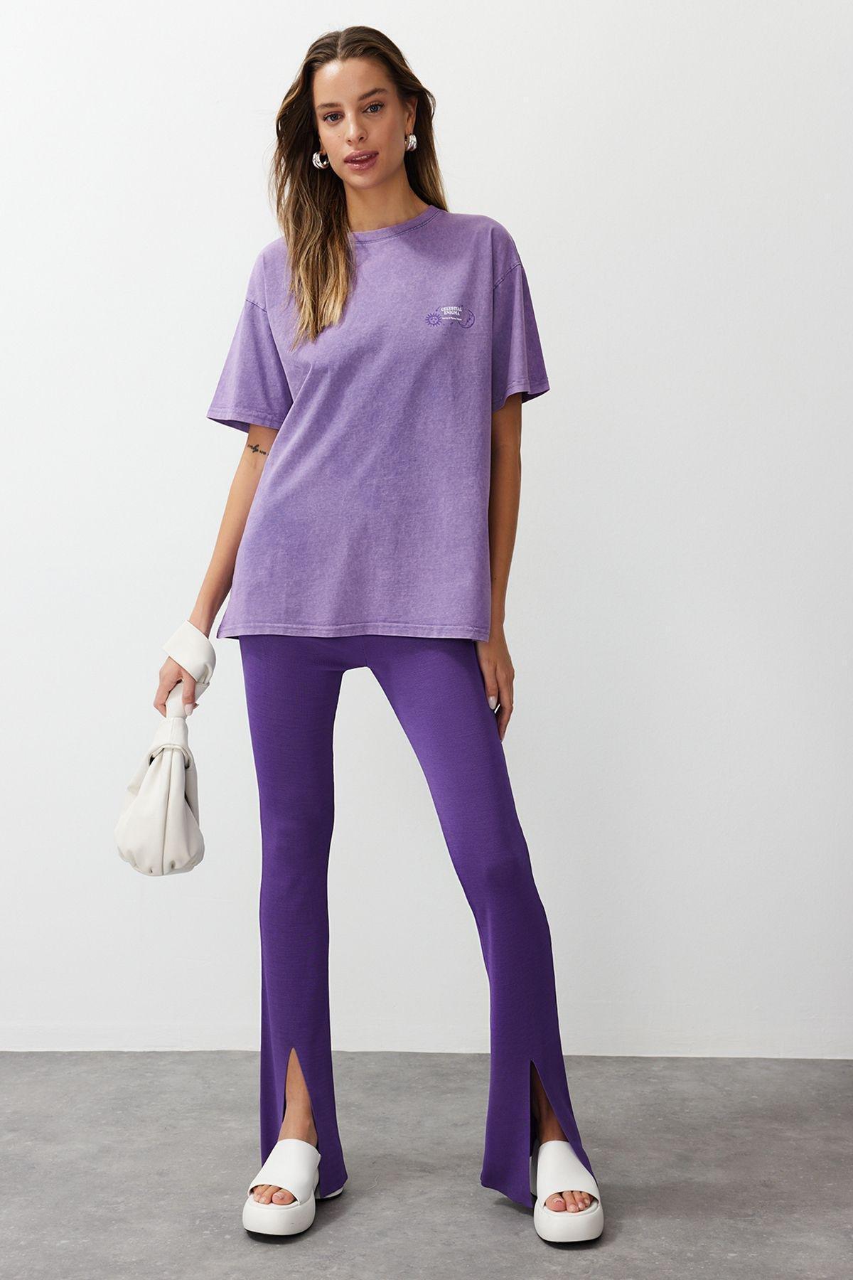Purple Oversizedd Printed Knitted T-Shirt, , large image number 2