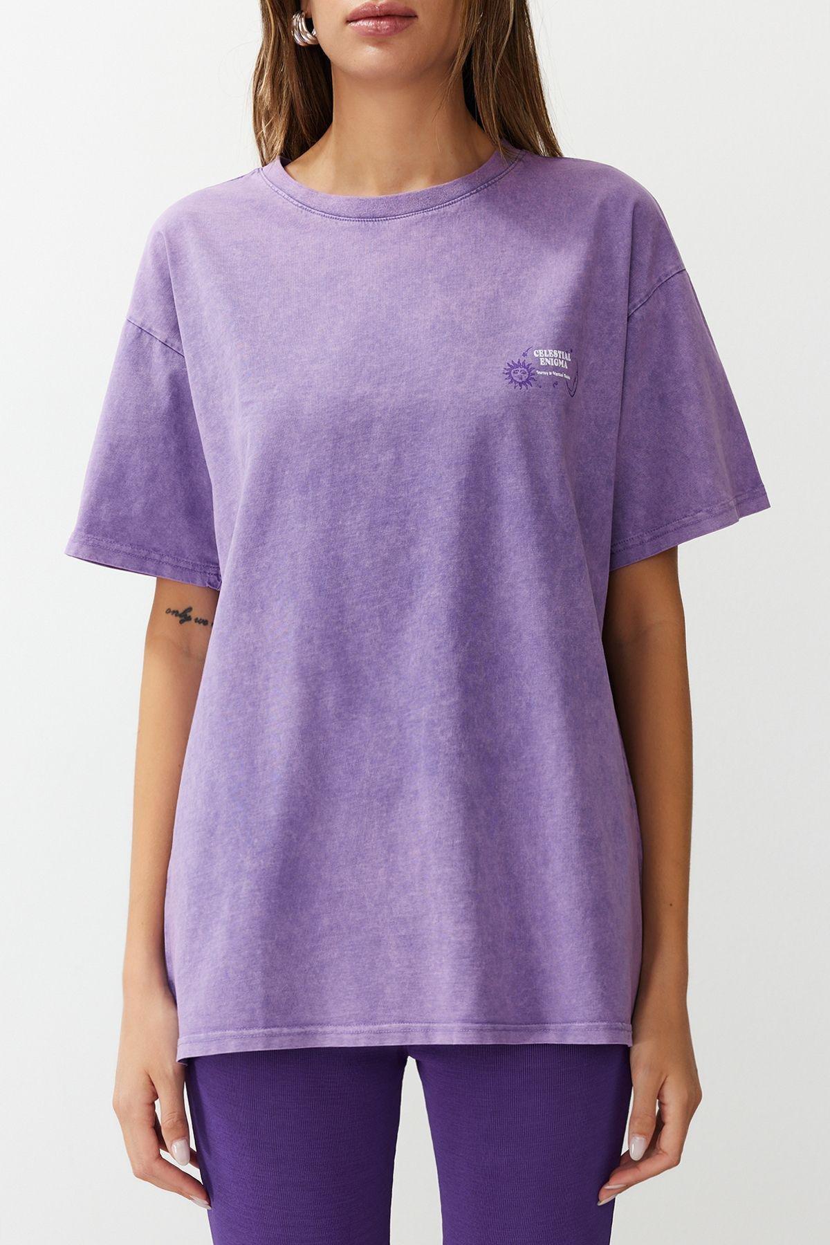 Purple Oversizedd Printed Knitted T-Shirt, , large image number 4