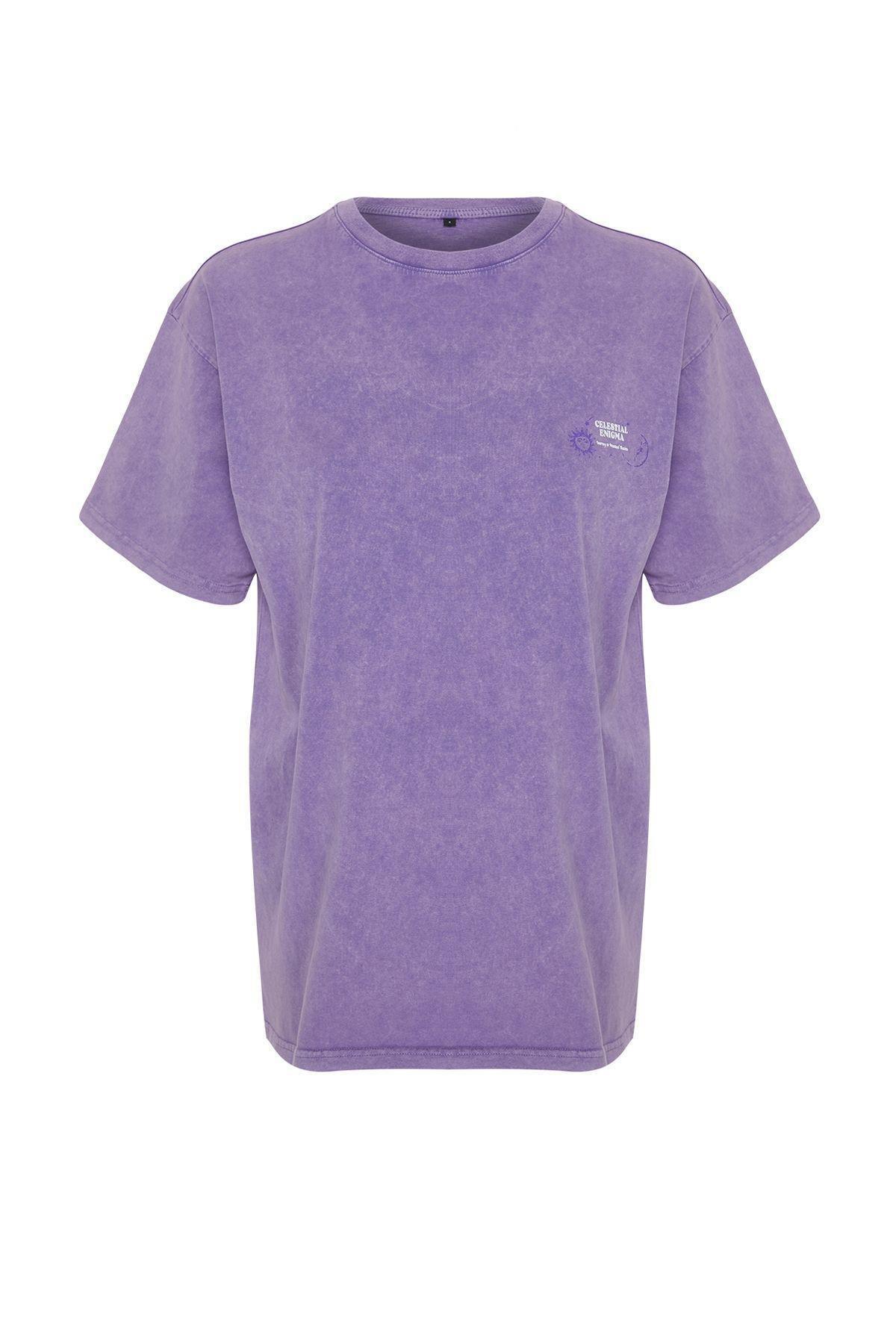 Purple Oversizedd Printed Knitted T-Shirt, , large image number 5