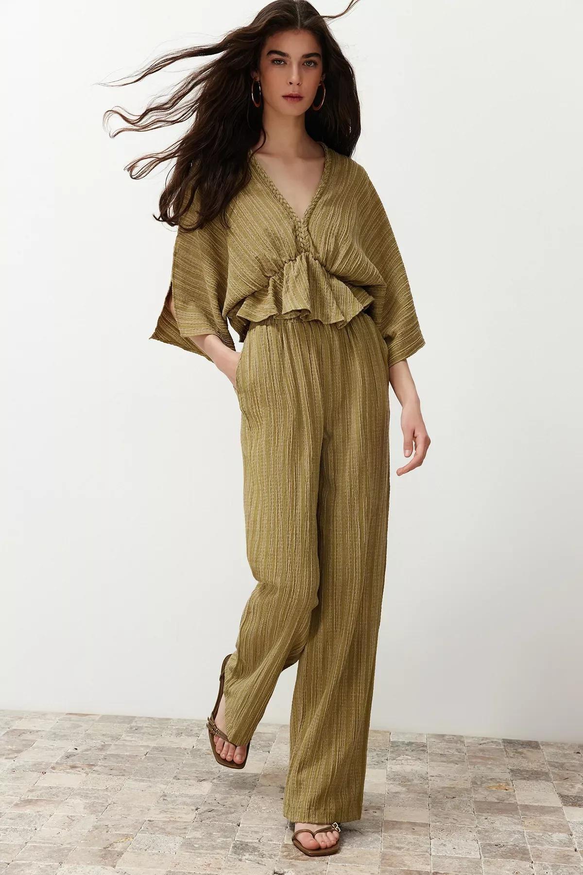 Green Elastic Waist Textured Fabric Trousers, Khaki, large image number 1