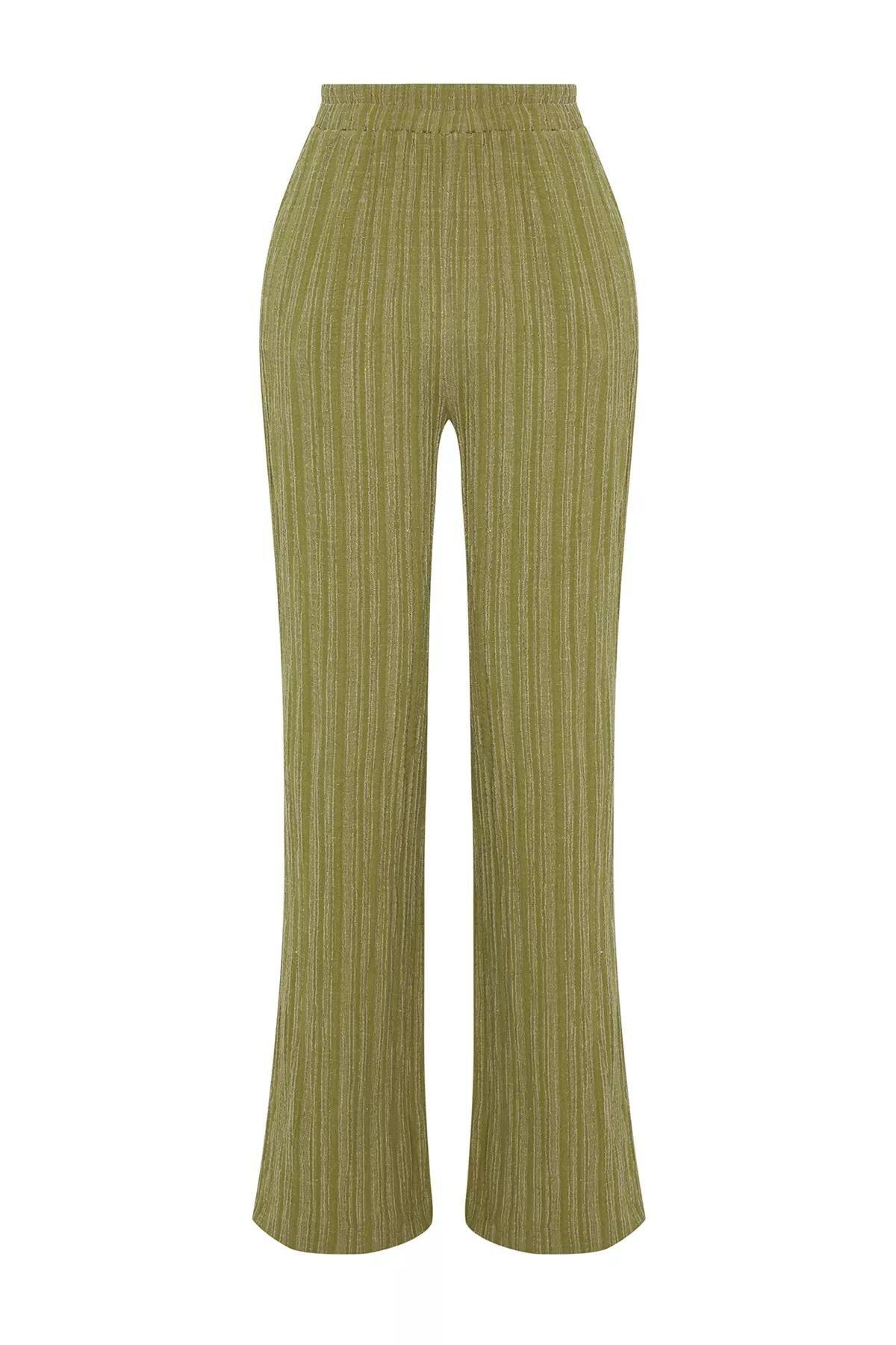 Green Elastic Waist Textured Fabric Trousers, Khaki, large image number 5