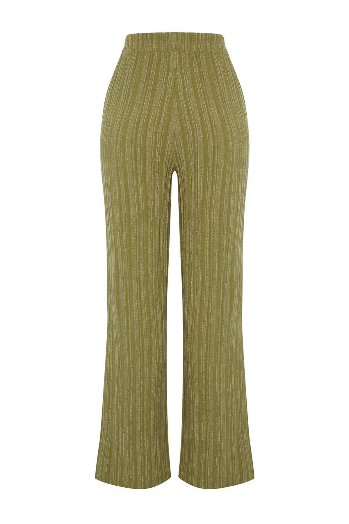 Green Elastic Waist Textured Fabric Trousers, Khaki, large image number 6