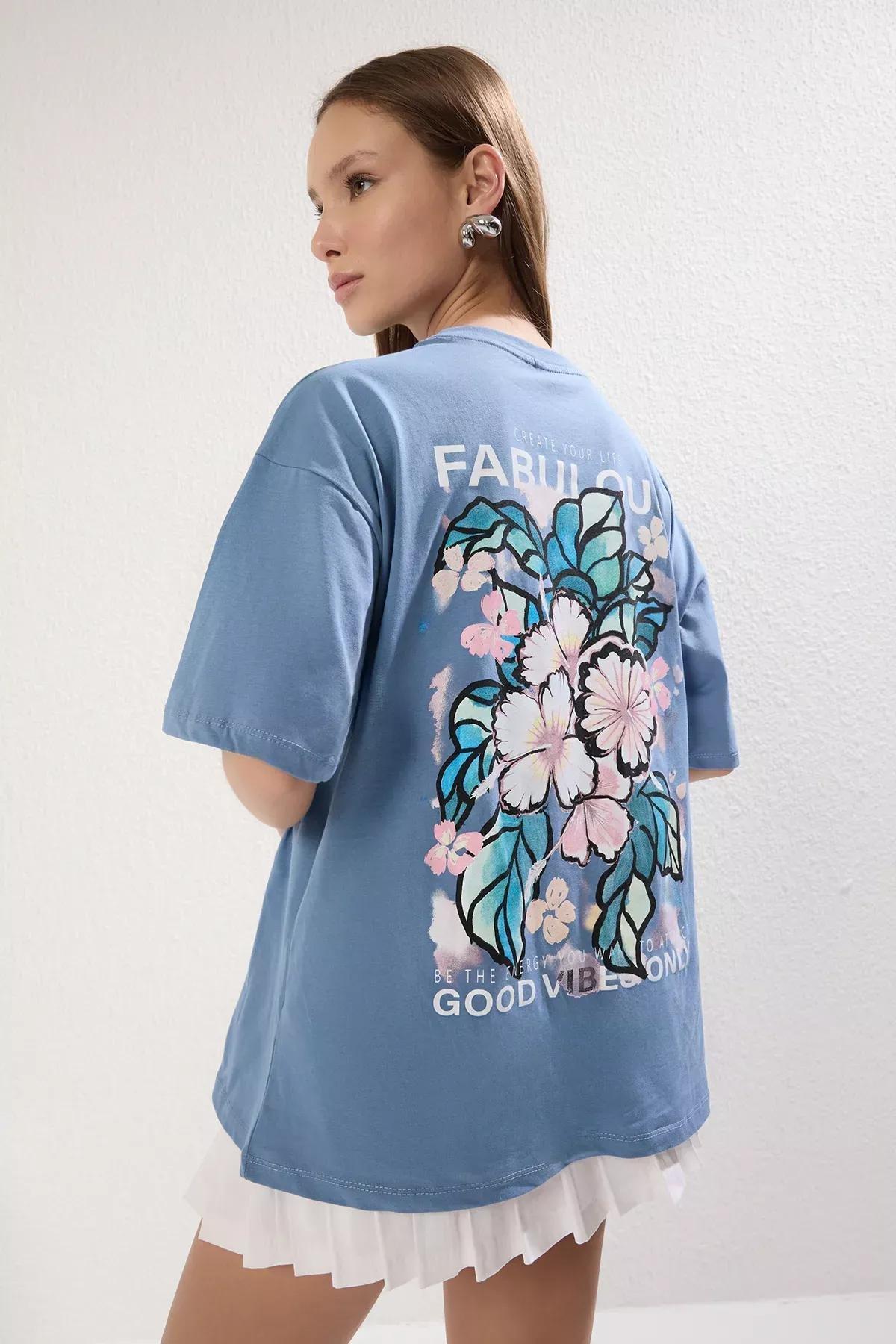 Blue Printed Oversize Crew-Neck T-Shirt, Indigo, large image number 0