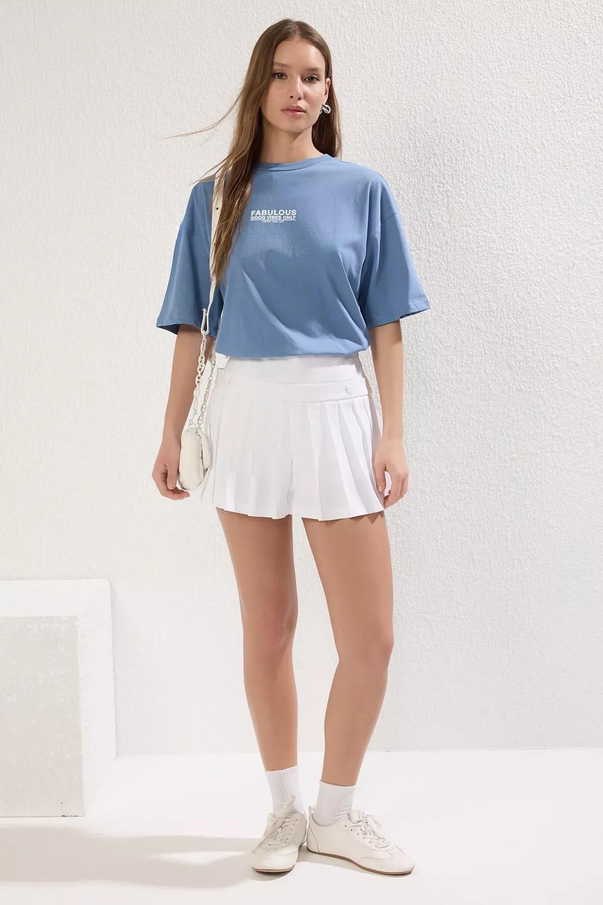 Blue Printed Oversize Crew-Neck T-Shirt, Indigo, large image number 1