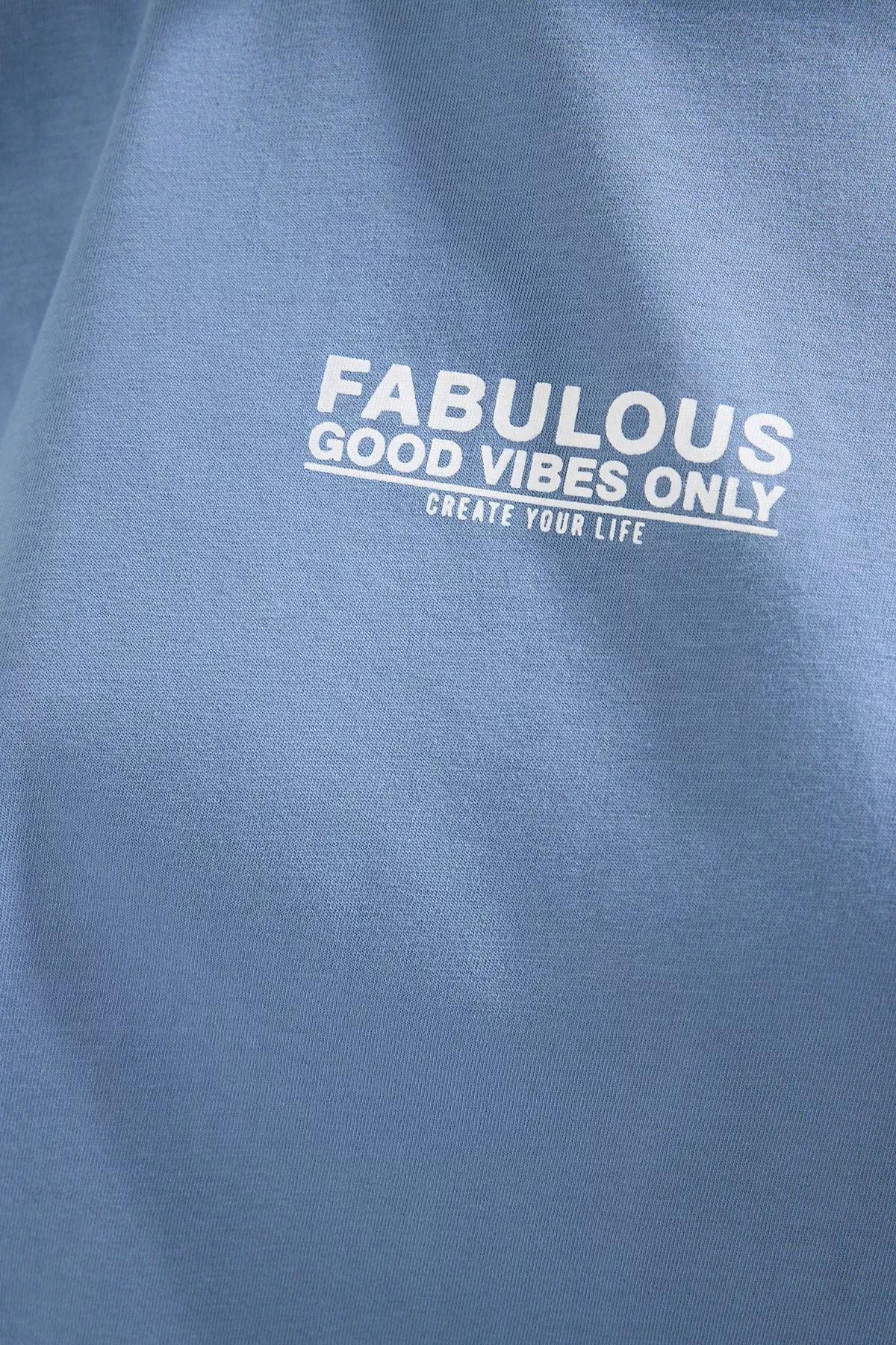 Blue Printed Oversize Crew-Neck T-Shirt, Indigo, large image number 2