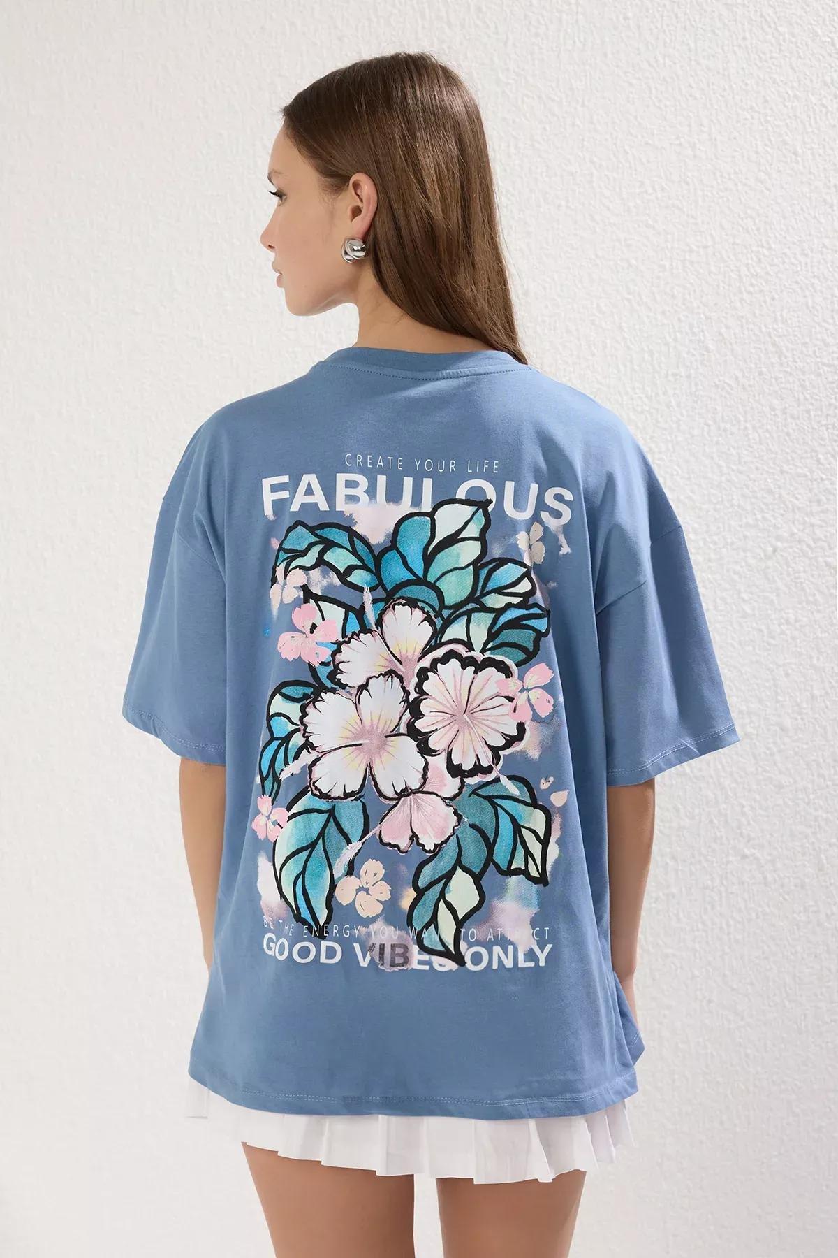 Blue Printed Oversize Crew-Neck T-Shirt, Indigo, large image number 3