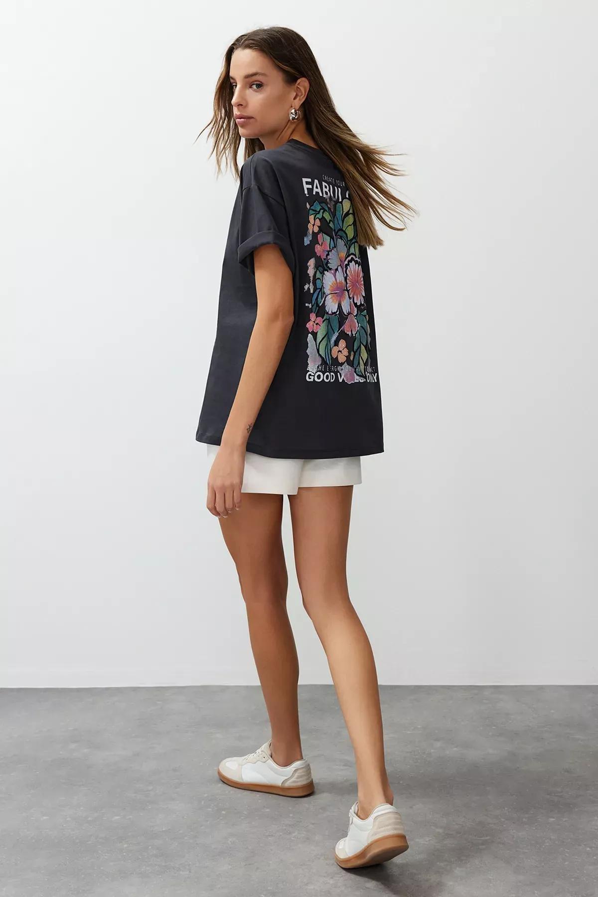 Black Printed Oversize Knit T-Shirt, Anthracite, medium