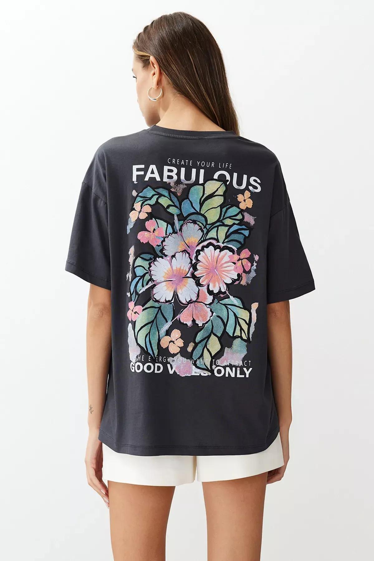 Black Printed Oversize Knit T-Shirt, Anthracite, medium