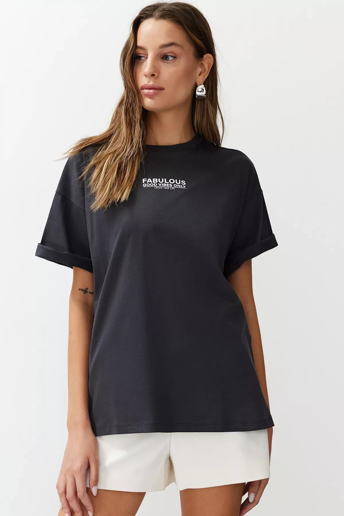 Black Printed Oversize Knit T-Shirt, Anthracite, large image number 3