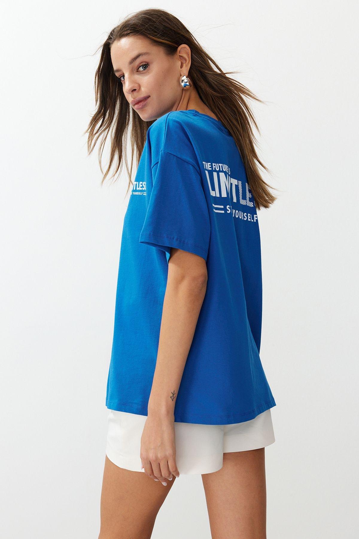 Blue Oversize Knitted T-Shirt, , medium