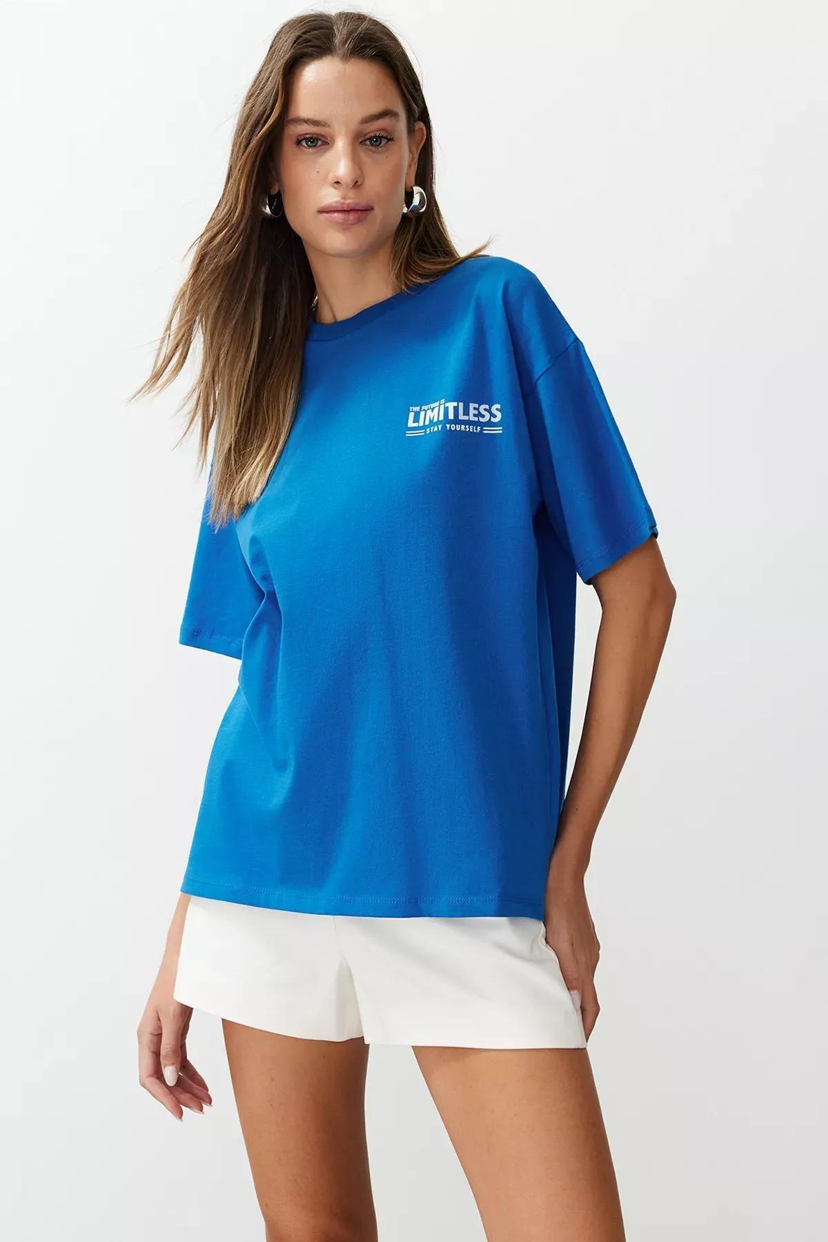 Blue Oversize Knitted T-Shirt, Sax, large image number 0