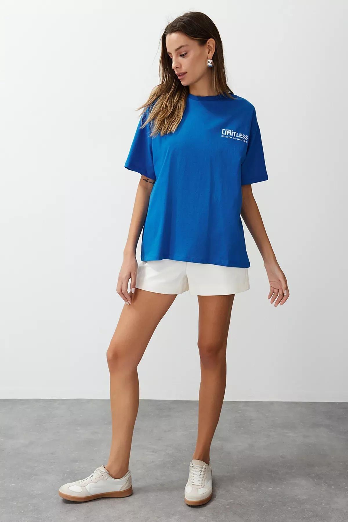 Blue Oversize Knitted T-Shirt, Sax, large image number 1