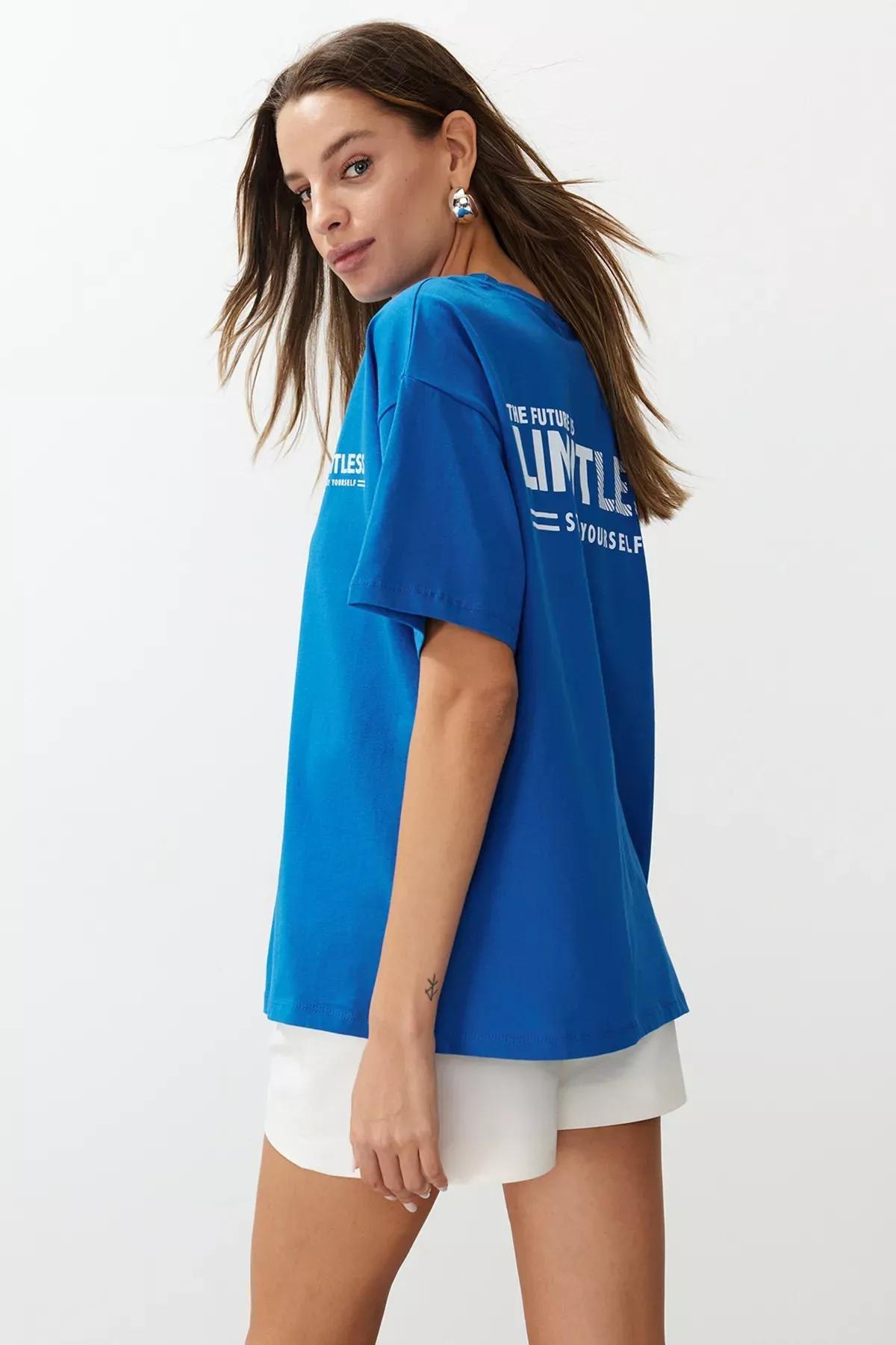 Blue Oversize Knitted T-Shirt, Sax, large image number 2