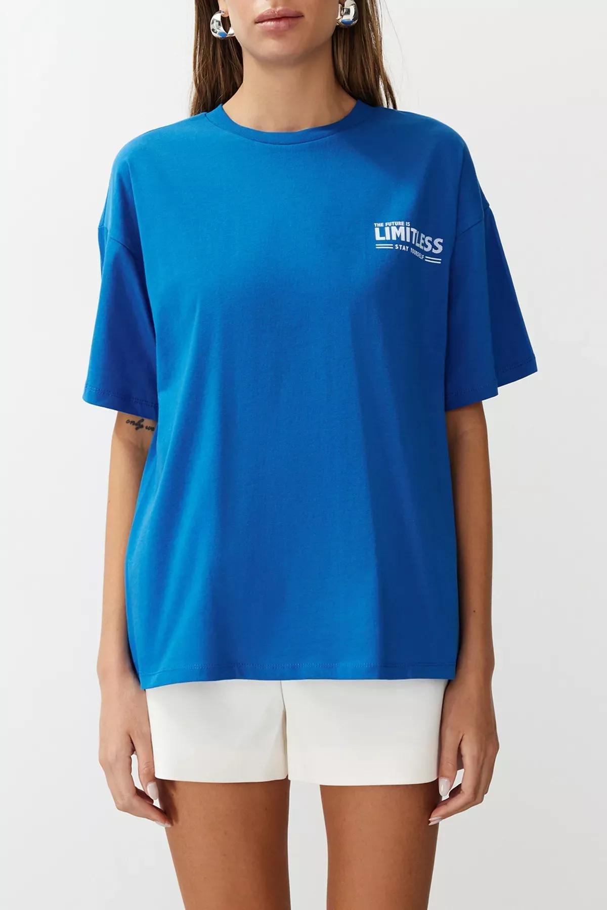 Blue Oversize Knitted T-Shirt, Sax, large image number 4