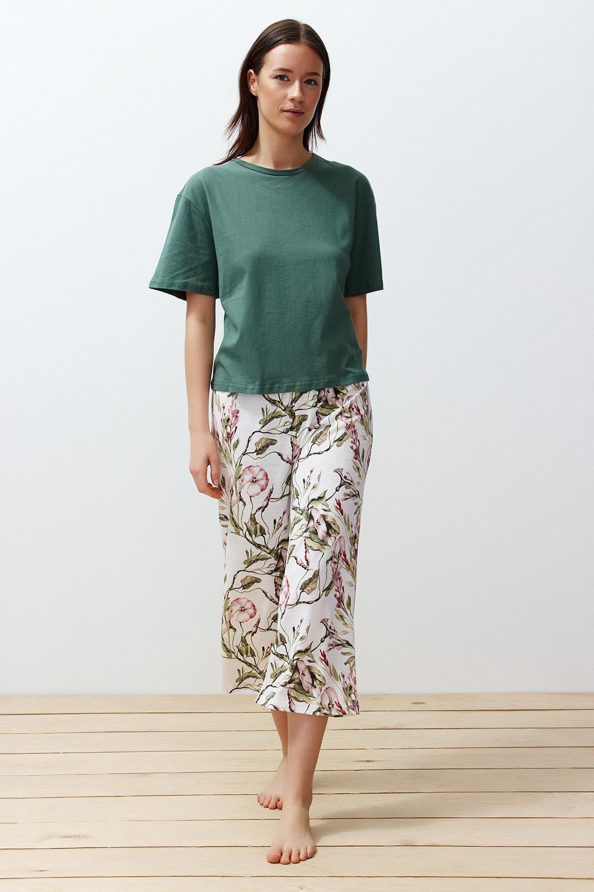 Green Floral Knitted Pyjamas Set, , large image number 0