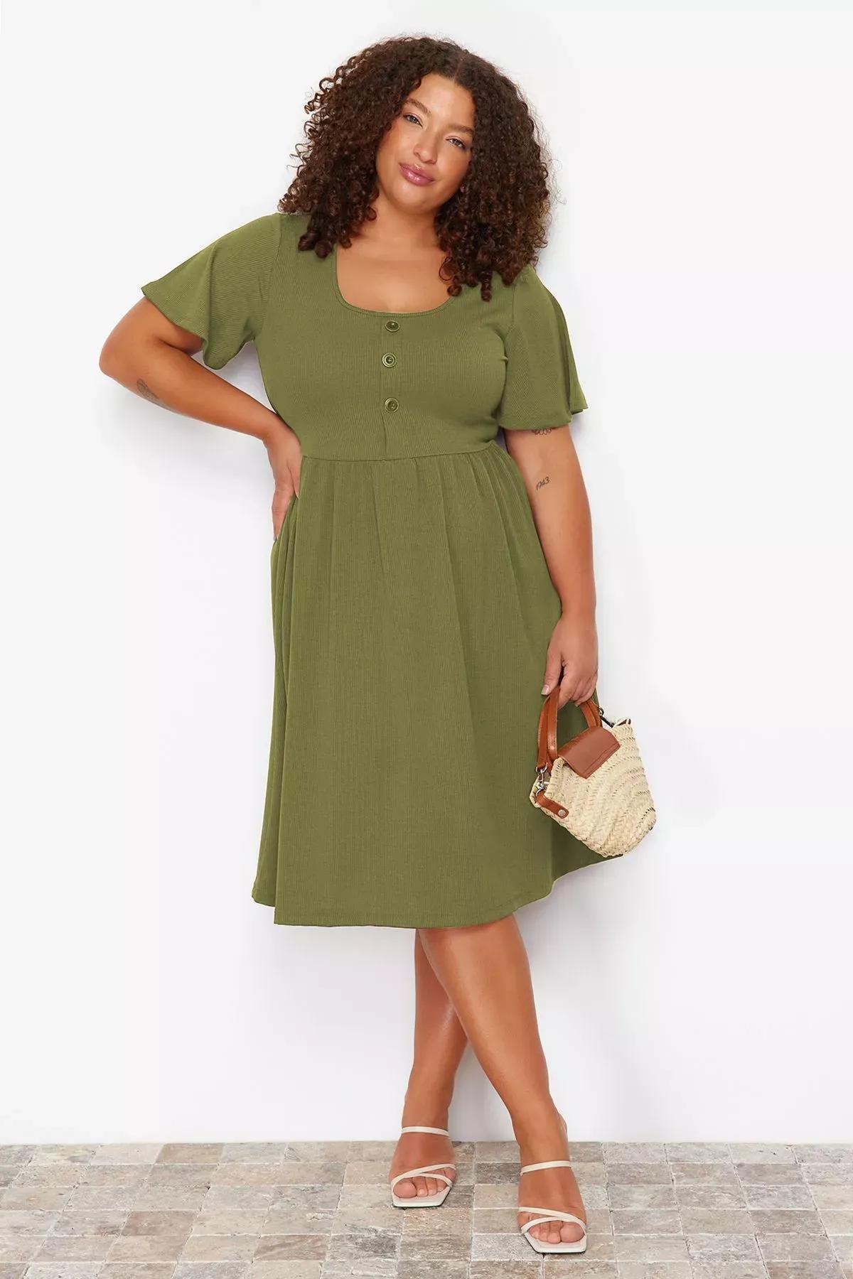 Green Pleated Midi Knit Dress, Green, large image number 0