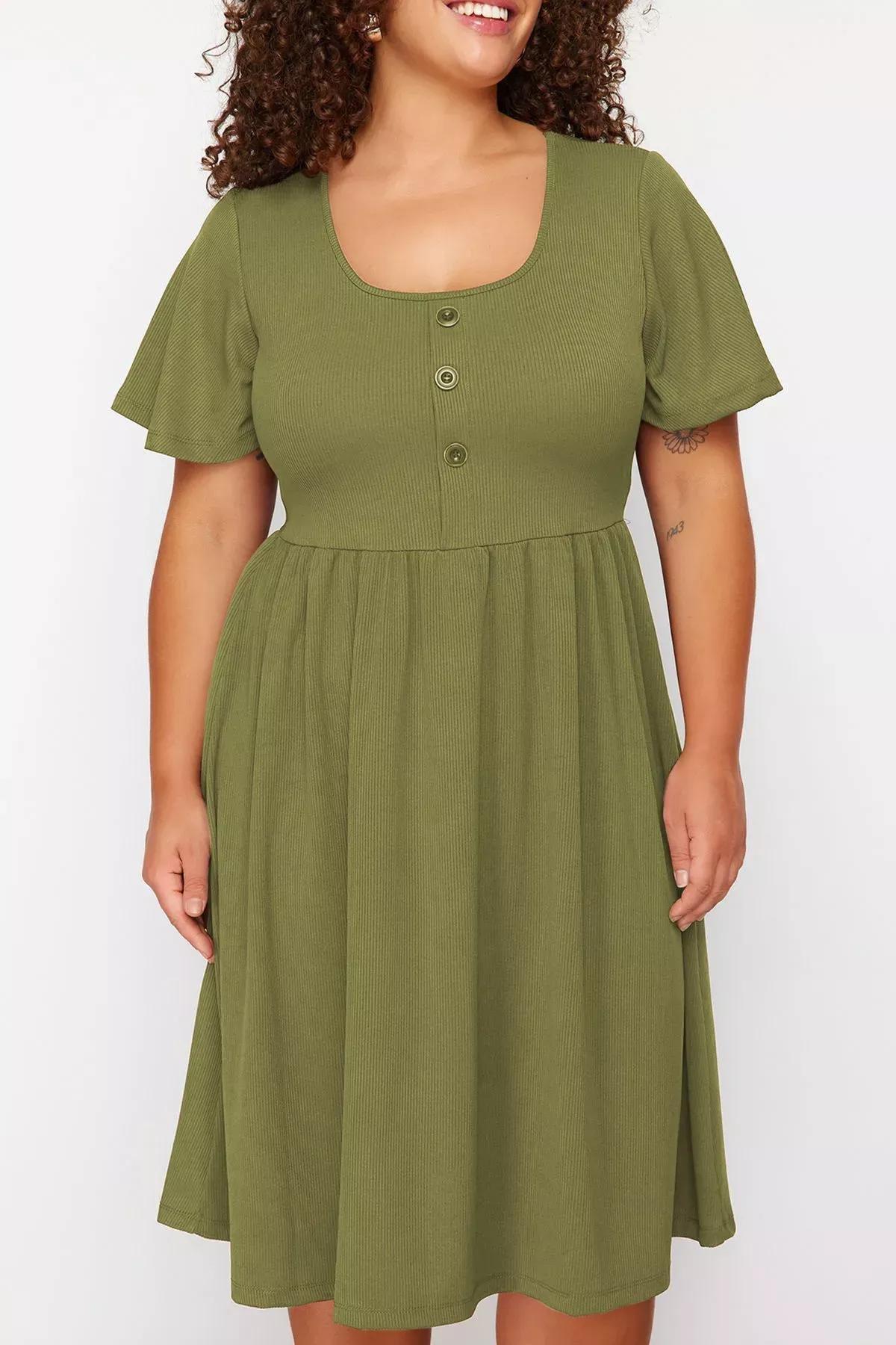 Green Pleated Midi Knit Dress, Green, large image number 1