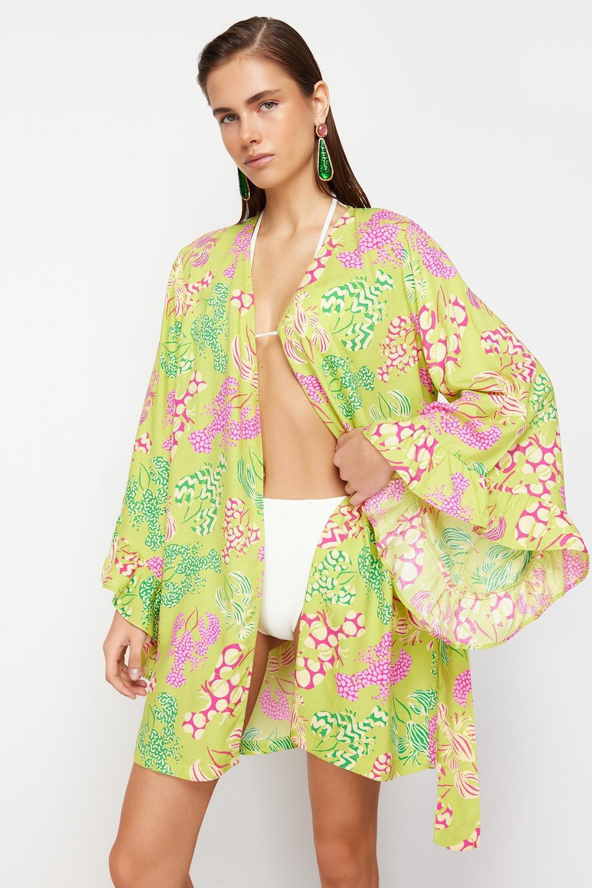 Multicolour Belted Mini Ruffled Kimono, , large image number 0