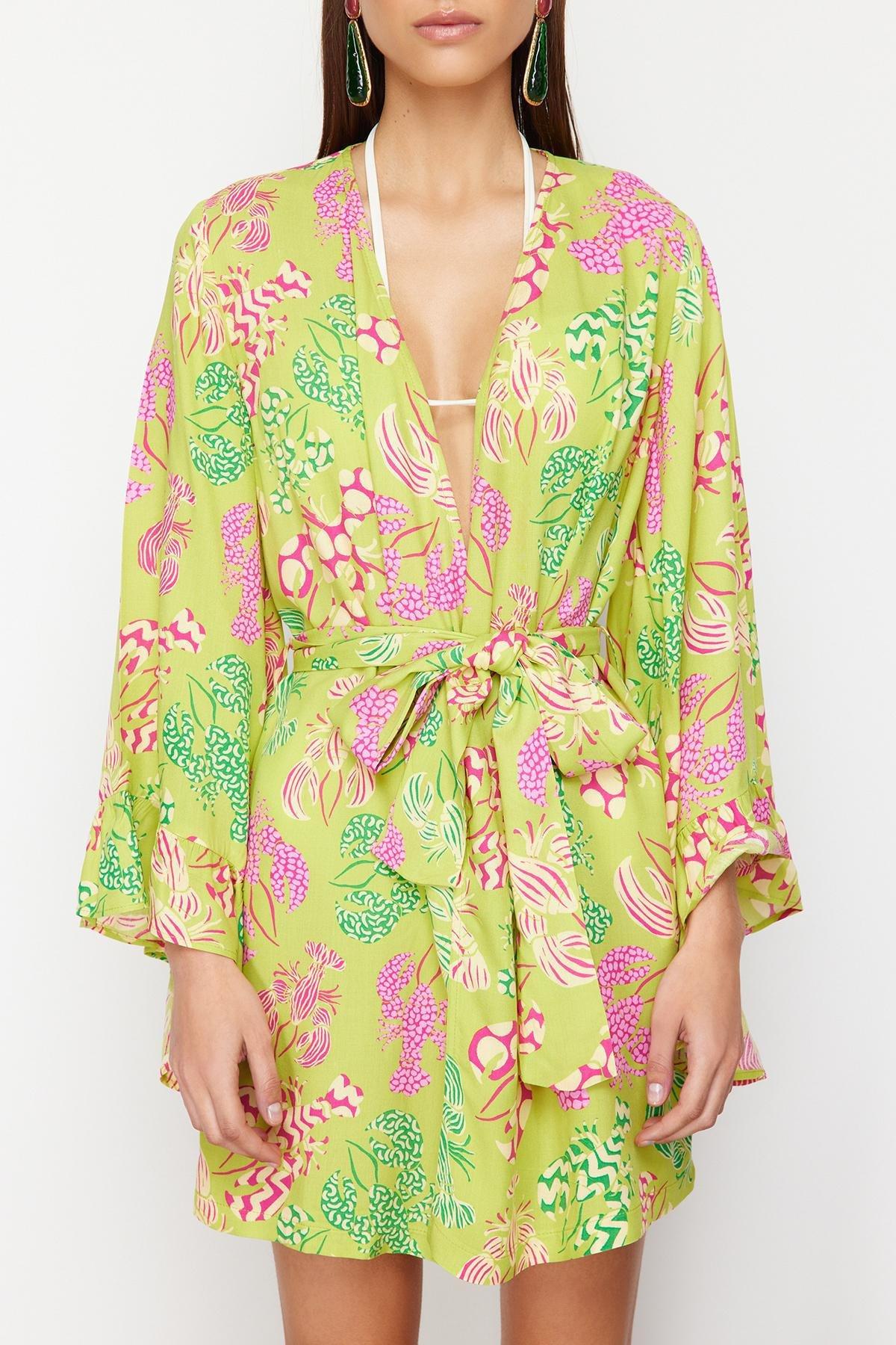 Multicolour Belted Mini Ruffled Kimono, , large image number 1