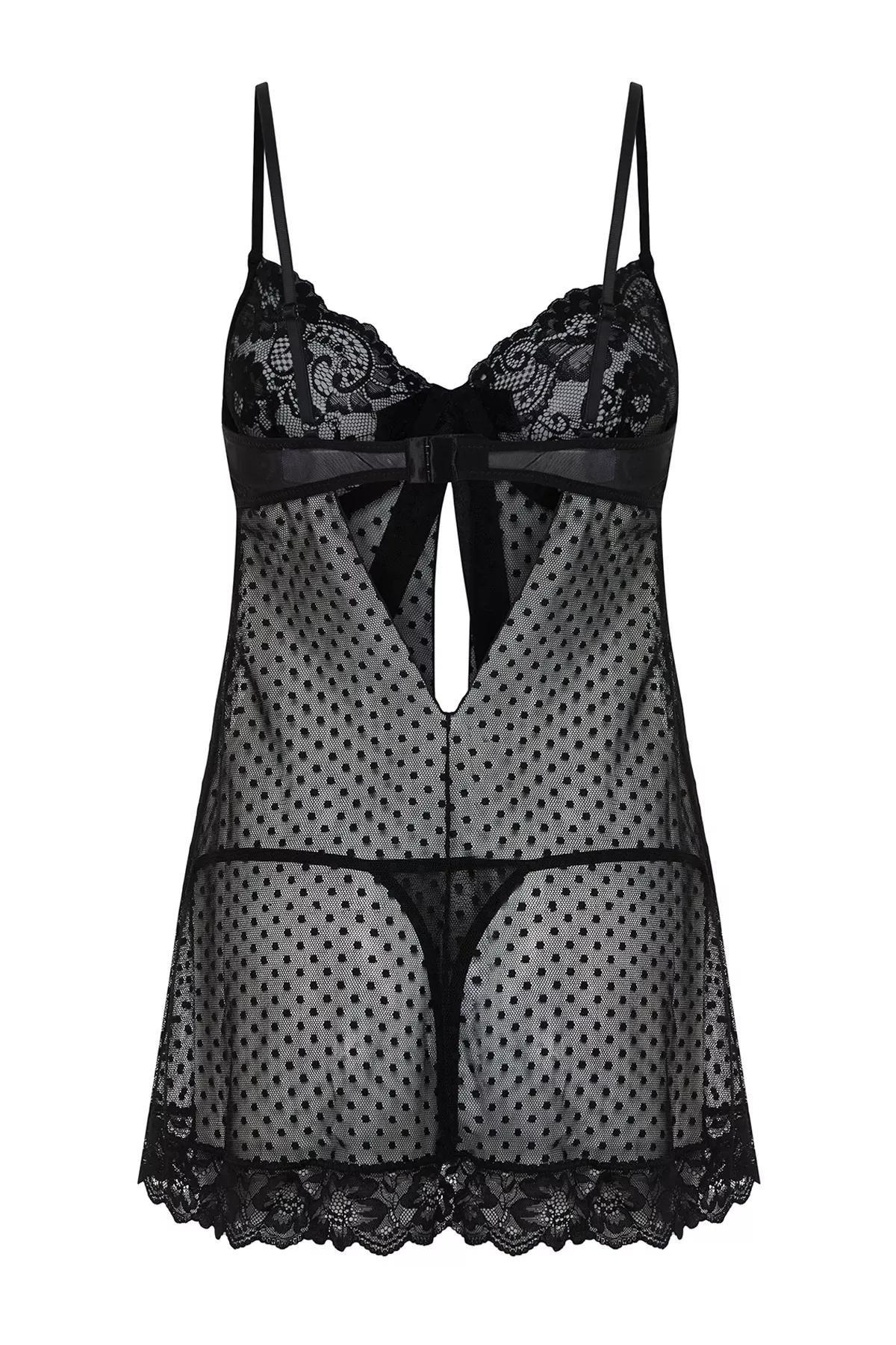 Black Polka Dot Strap Capless Knit Babydoll, BLACK, large image number 6