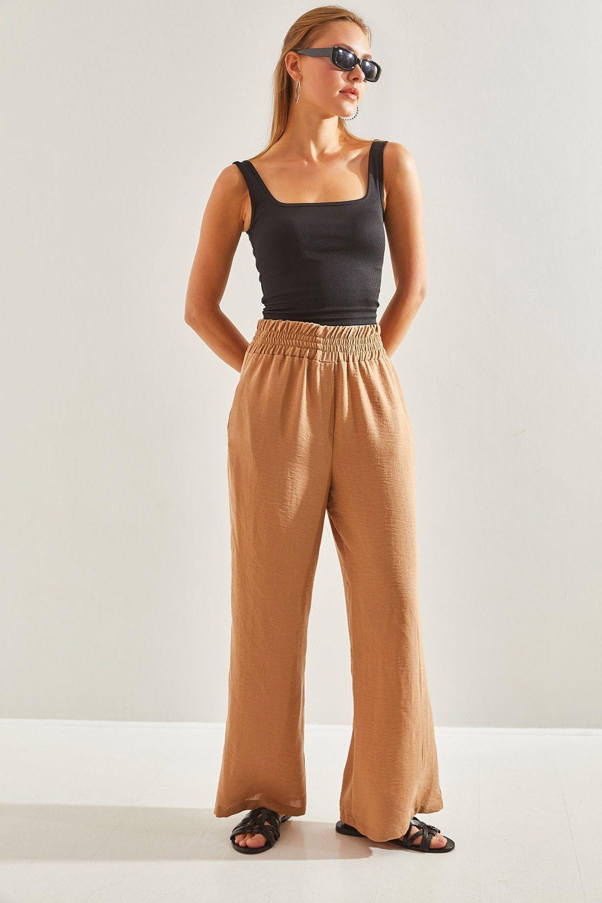 Brown Elastic Waist Trousers, , large image number 1