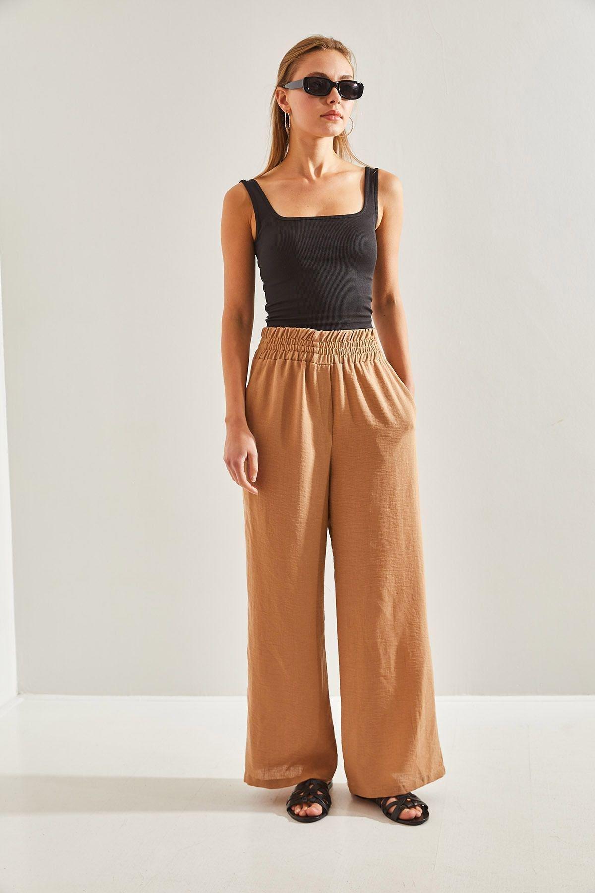 Brown Elastic Waist Trousers, , large image number 3