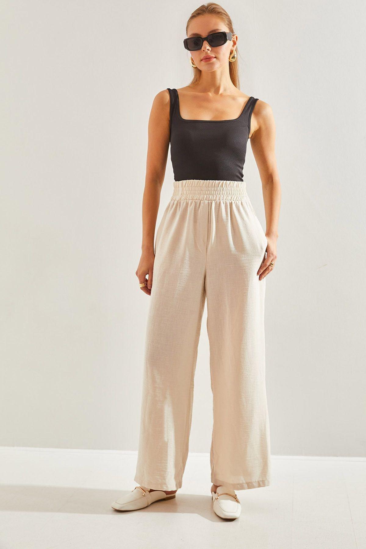 Beige Elastic Waist Trousers, , large image number 1