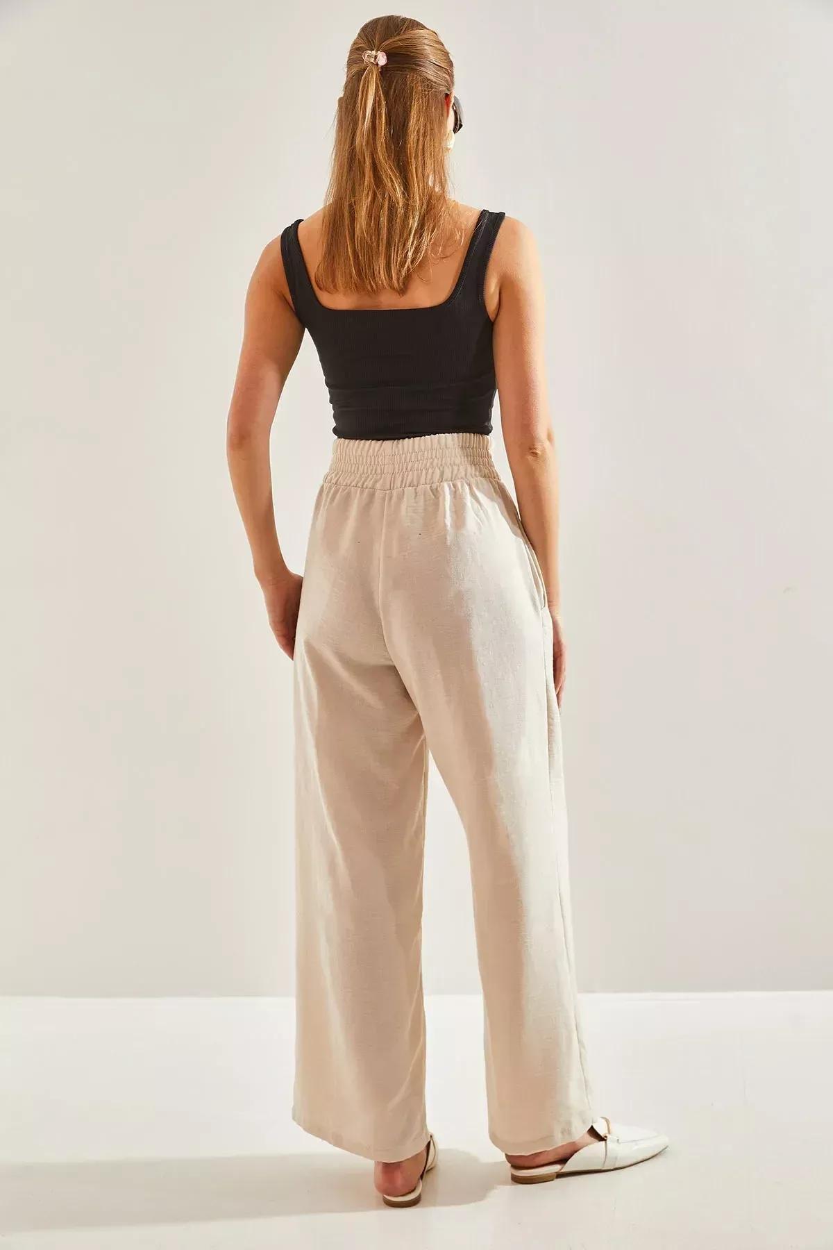 Beige Elastic Waist Trousers, , large image number 1