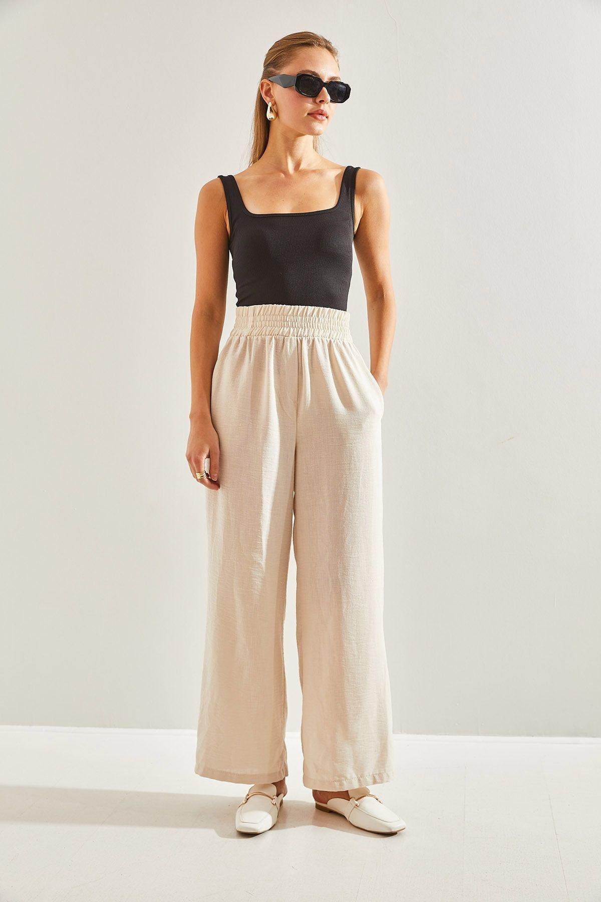 Beige Elastic Waist Trousers, , large image number 2