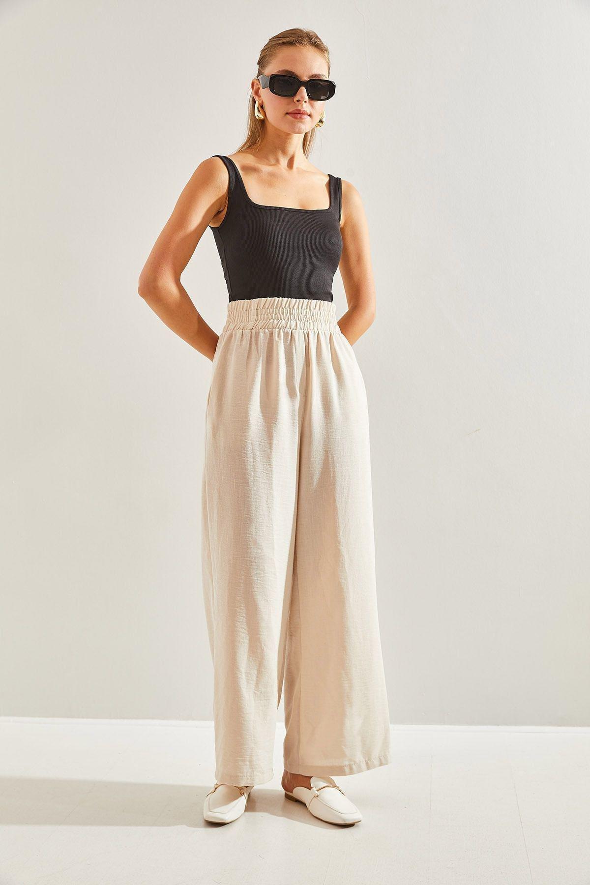 Beige Elastic Waist Trousers, , large image number 3