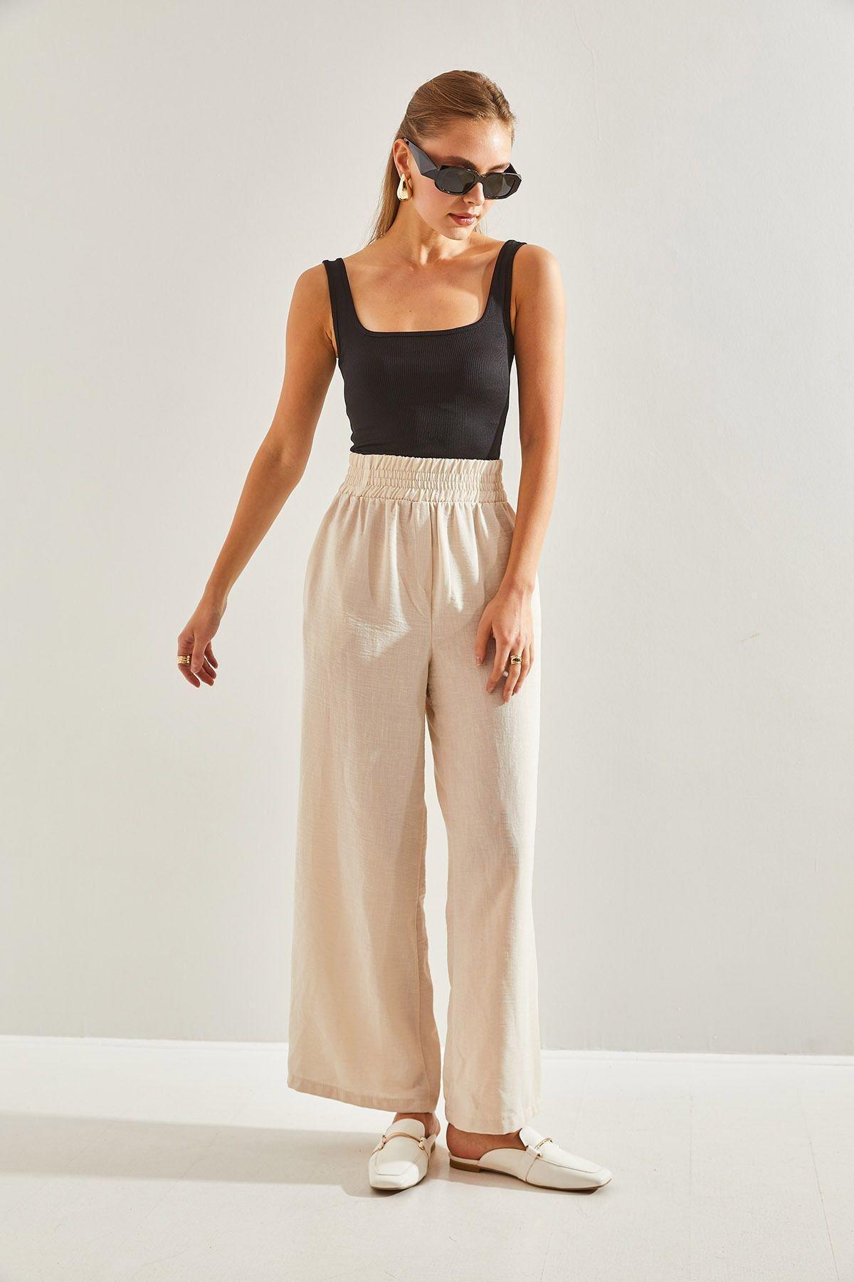 Beige Elastic Waist Trousers, , large image number 4